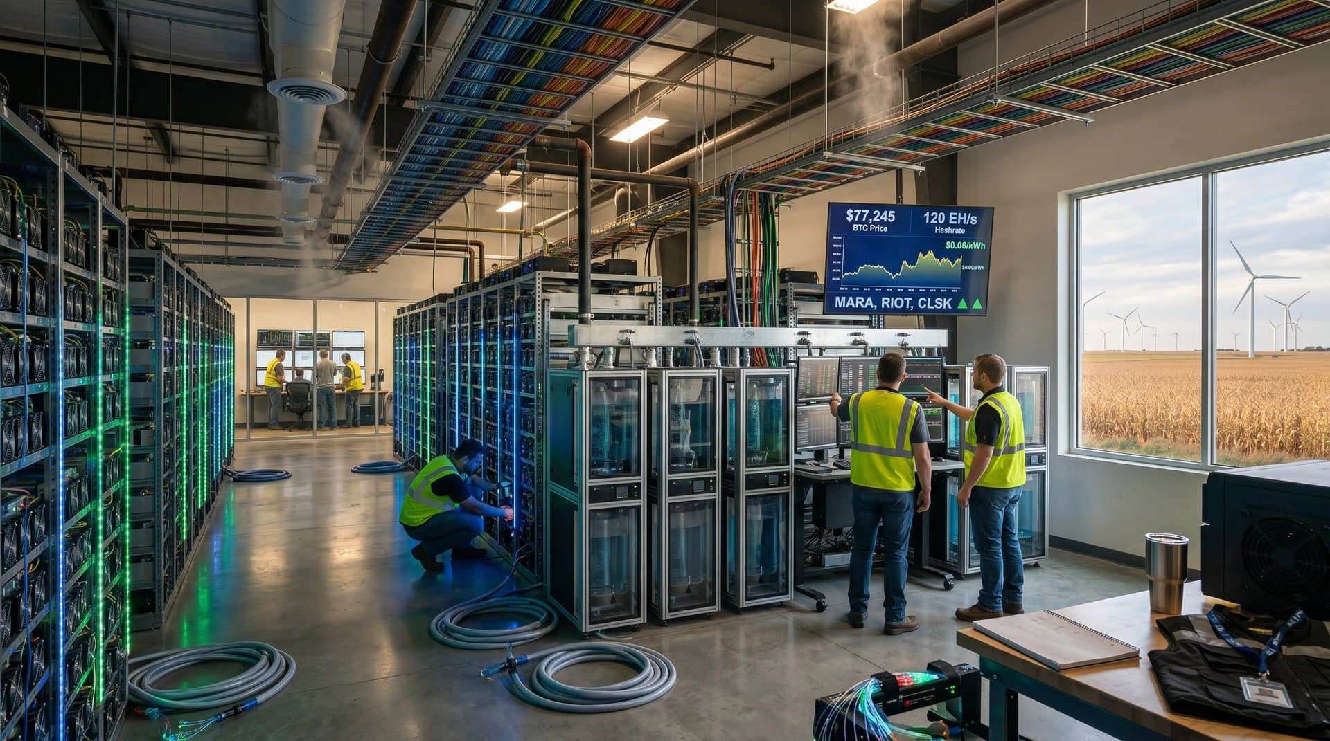 High-tech Midwest data center with mining rigs, cooling systems, and hash rate dashboards overlooking wind turbines