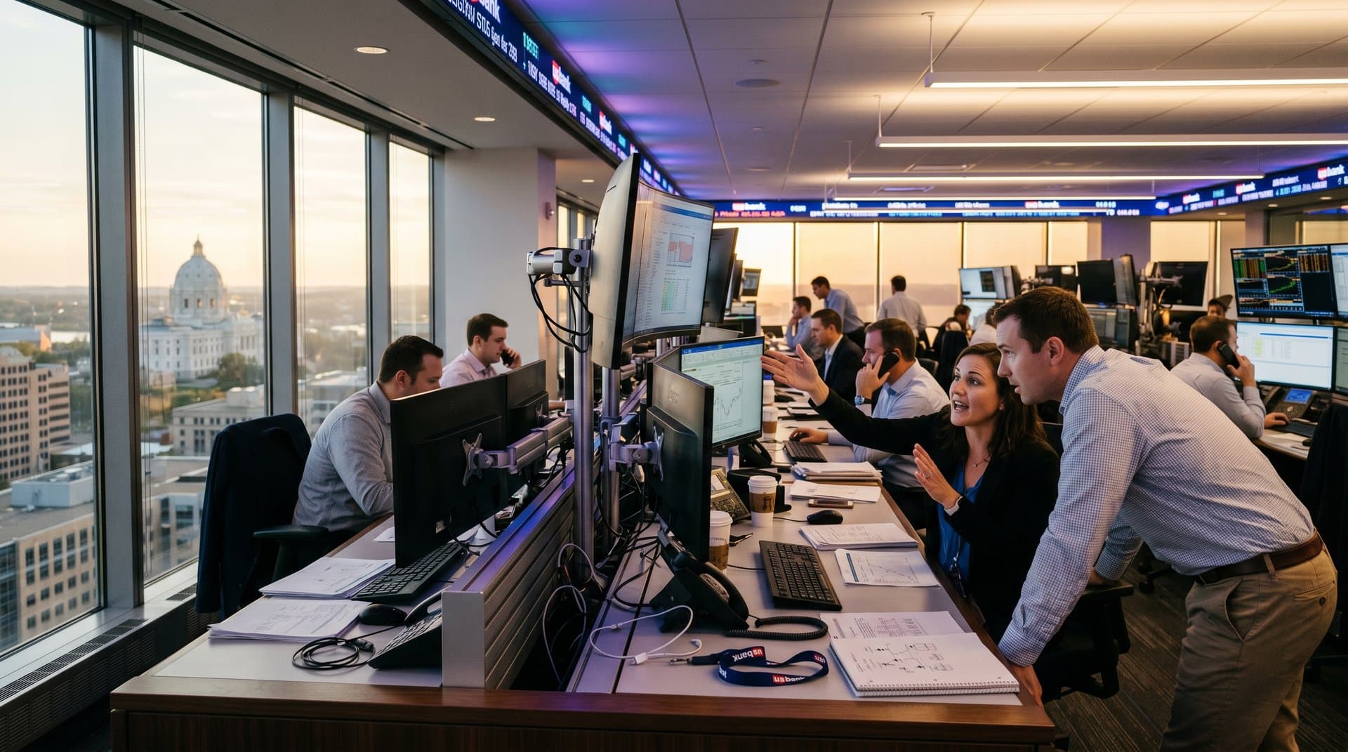 Minneapolis trading floor monitors show Bitcoin at $77,265 and Minnesota cryptocurrency kiosks ban bill amid skyline view