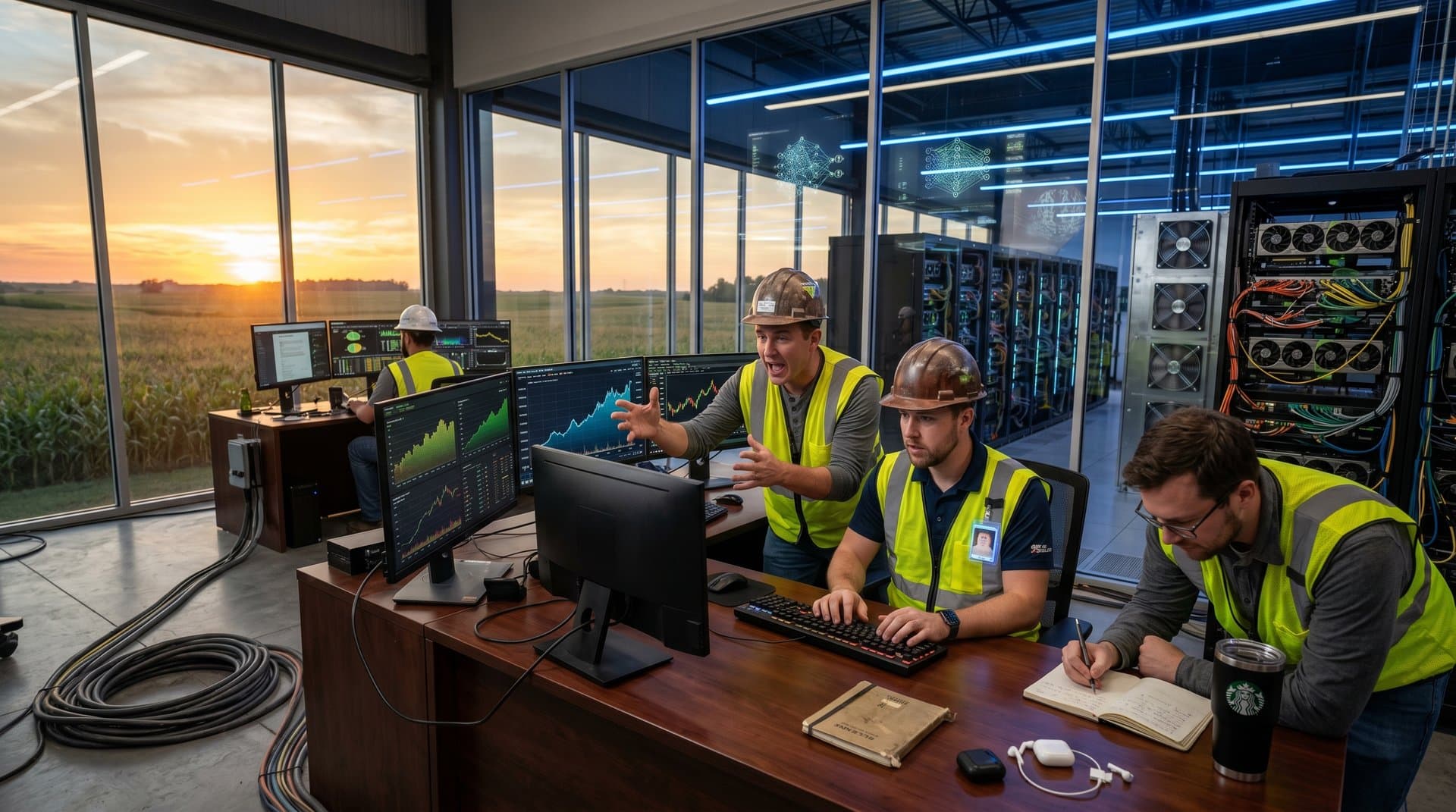 AI data center servers glowing amid Midwest cornfields with blockchain and crypto charts