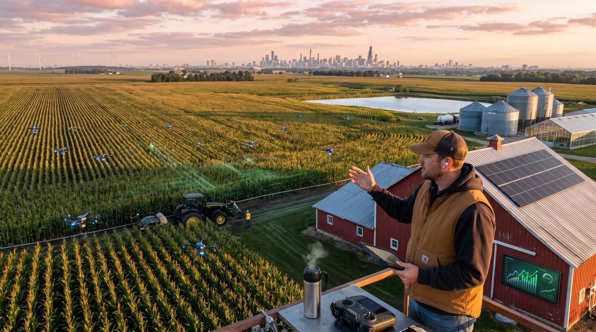 Midwest farmland with AI neural networks, drones, Bitcoin chart, and Chicago skyline symbolizing Eon Digital expansion