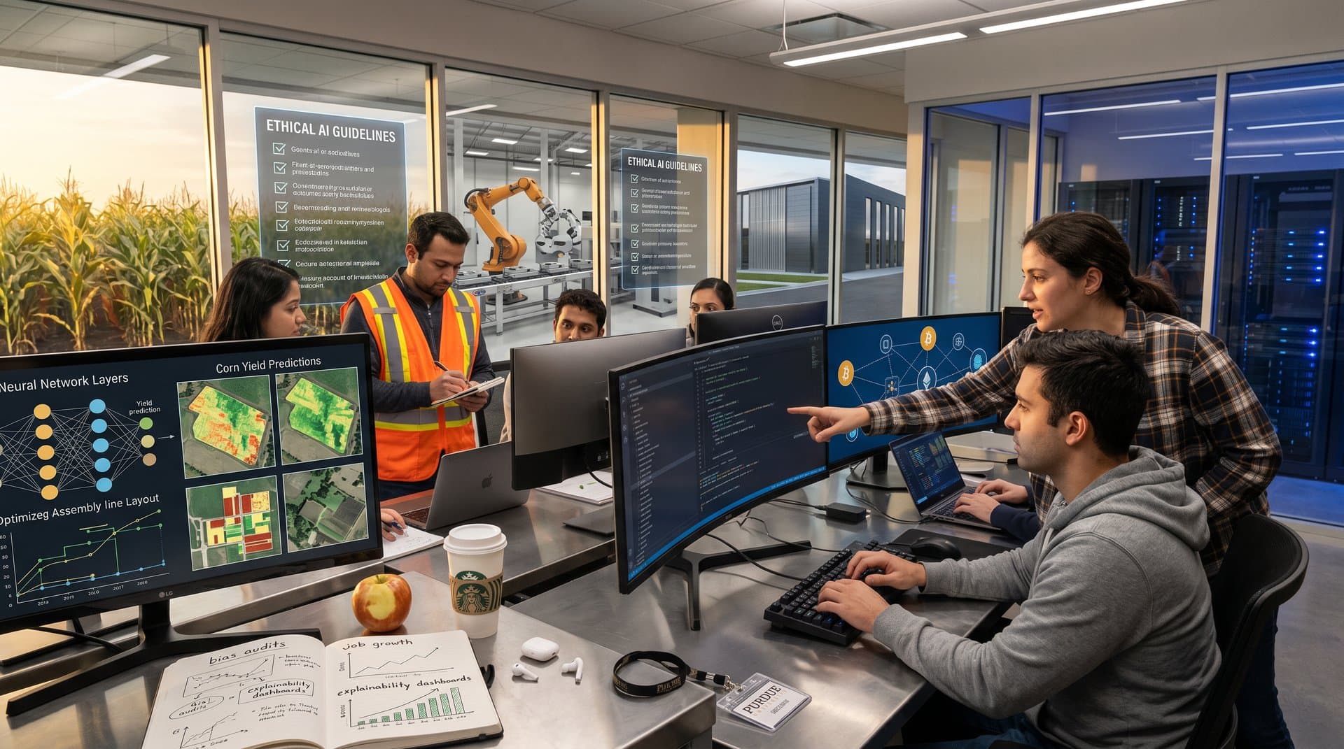 AI researchers collaborate at multi-monitor workstations in Purdue University's modern nanotechnology lab with glowing server racks and team discussions