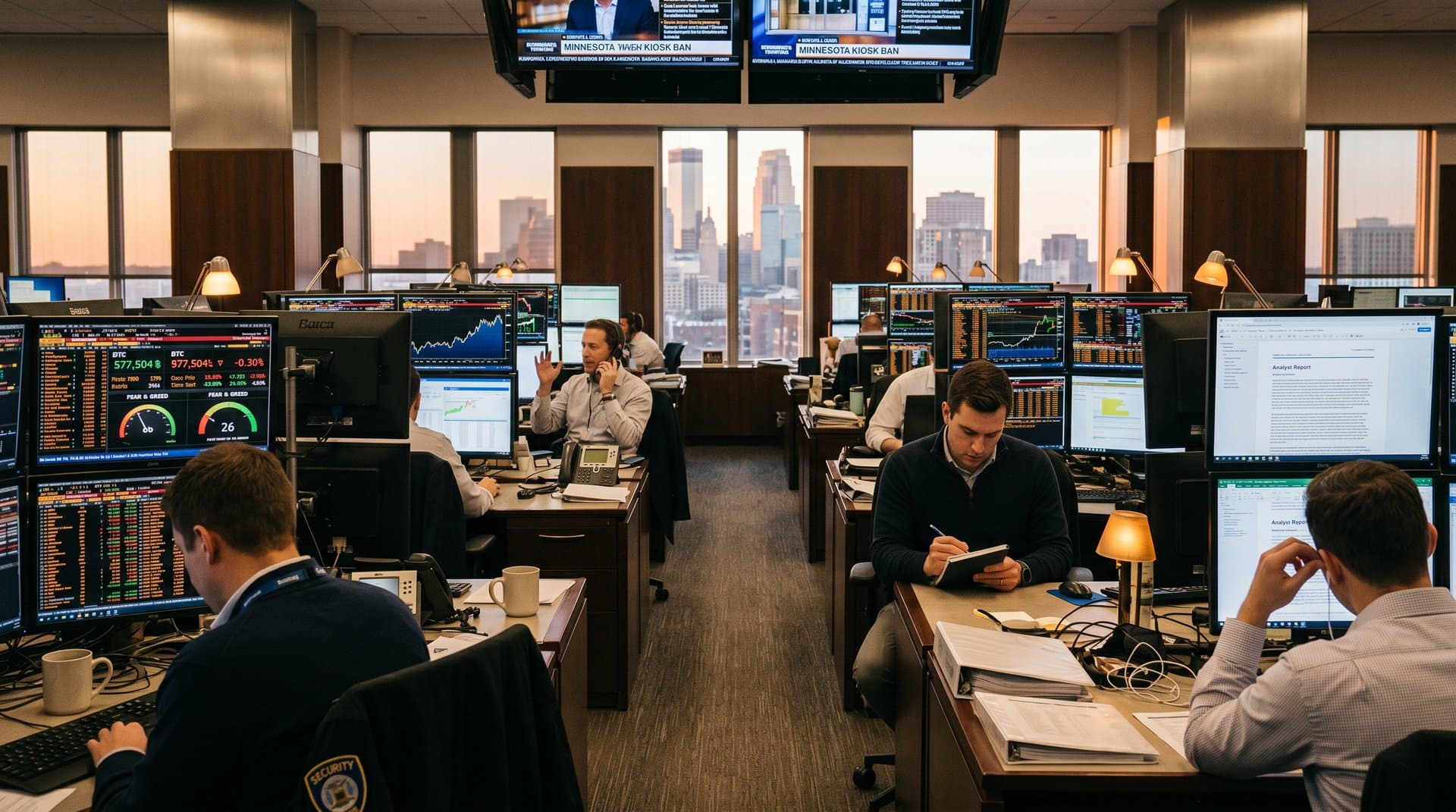 Trading desks with Bloomberg terminals showing BTC at $77,564 and Minnesota crypto kiosk ban news amid regulatory tickers