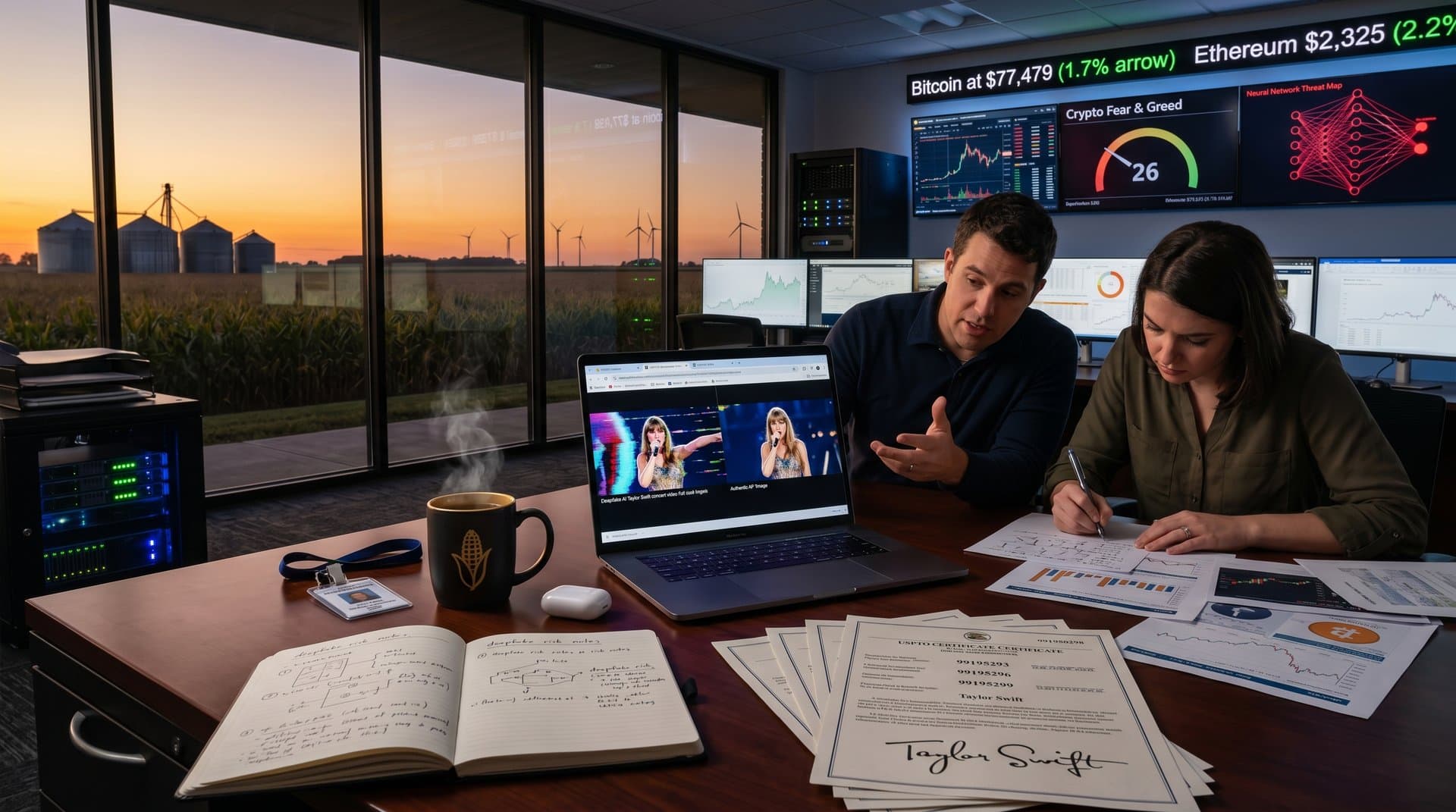 Midwest tech-farm office with deepfake screens, USPTO docs, and crypto charts overlooking fields