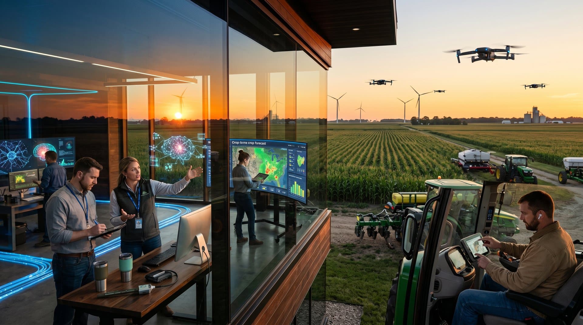 AI drones over Midwest cornfield with data center and neural network visuals