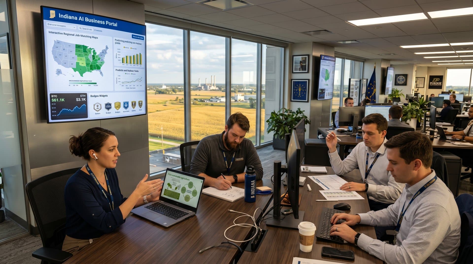 Indiana office screens showing AI portal dashboard with job matches, ag predictions, finance charts, and Midwest landscape view