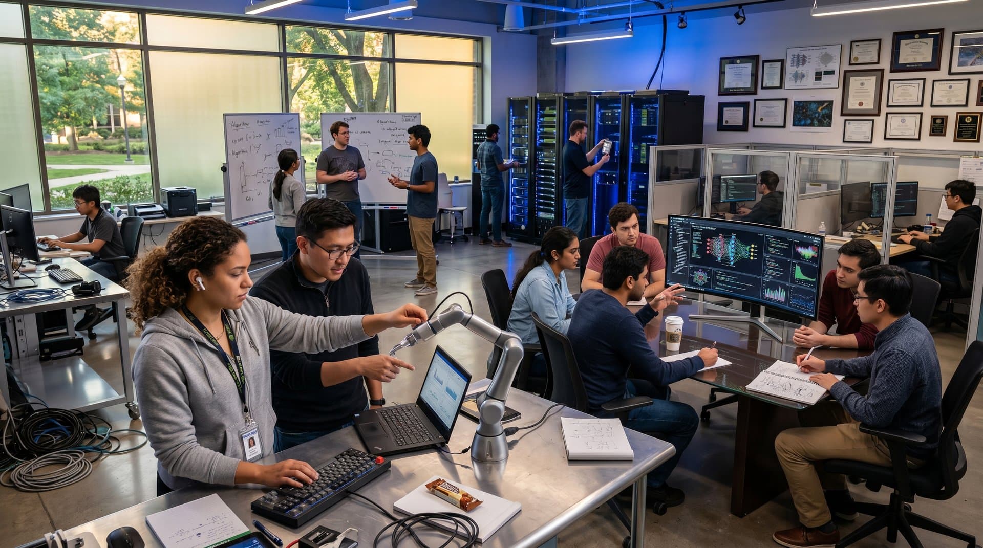 Engineers collaborate on AI prototypes and neural networks in Purdue University's high-tech lab with monitors, robots, and team discussions