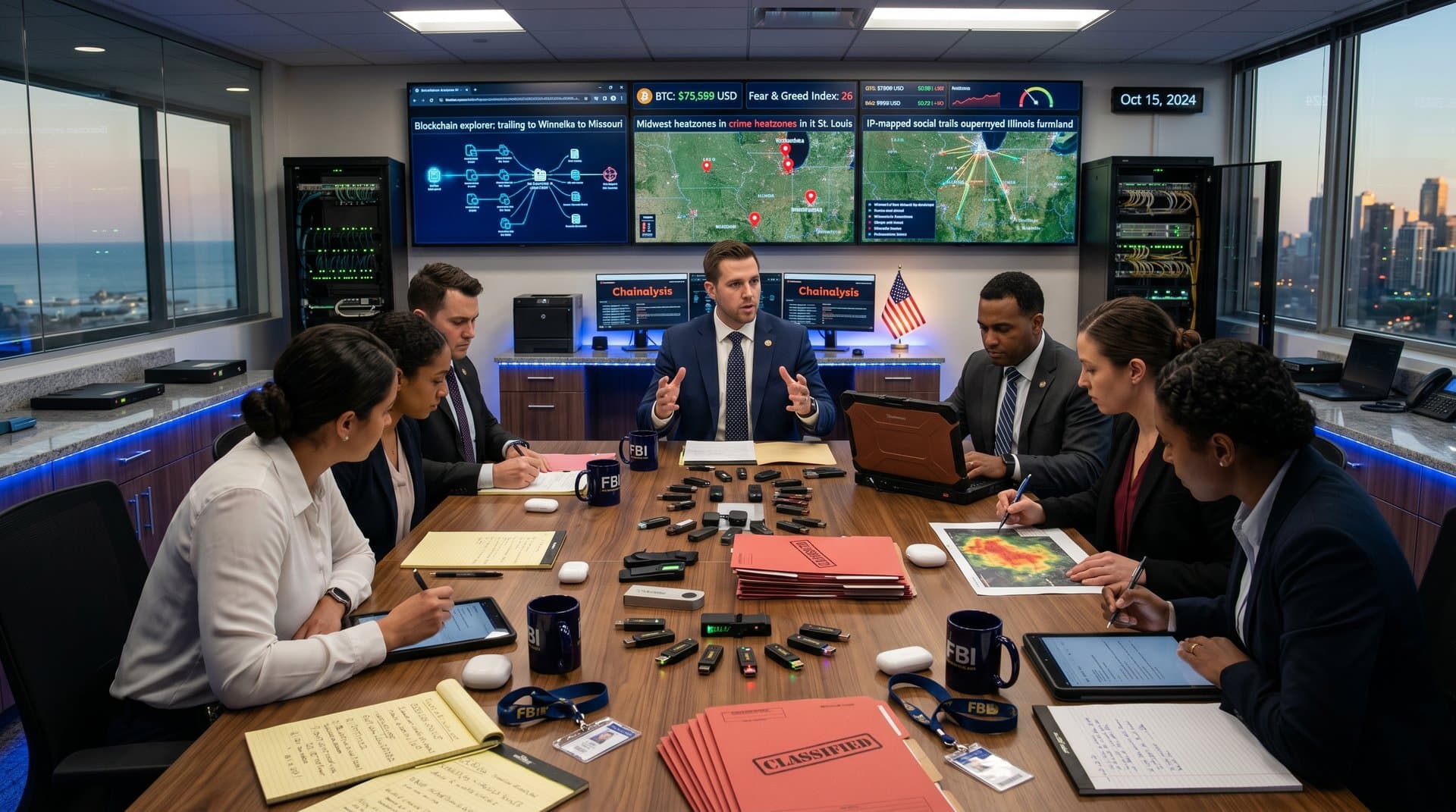 FBI cybercrime analysts review blockchain data on multi-monitor setups in a modern Chicago field office with glass walls and professional lighting