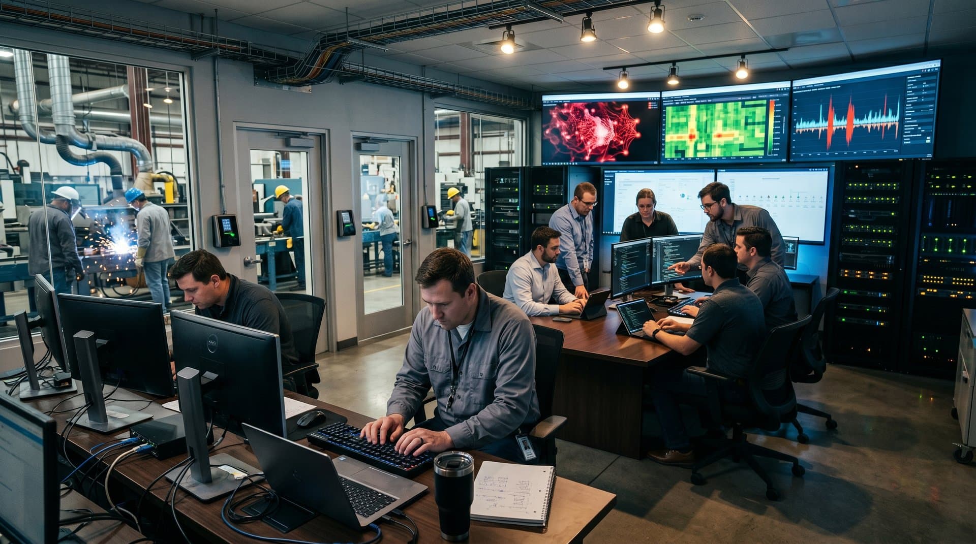 Analysts monitor AI cybersecurity in Midwest factory control room with threat dashboards and servers