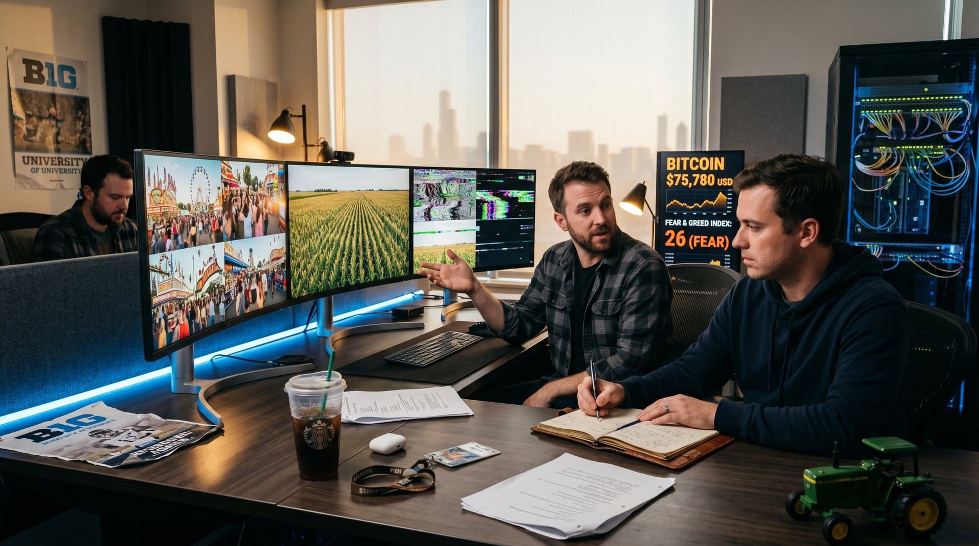 Chicago film studio monitors compare human vs AI clips with crypto tickers amid heartland props