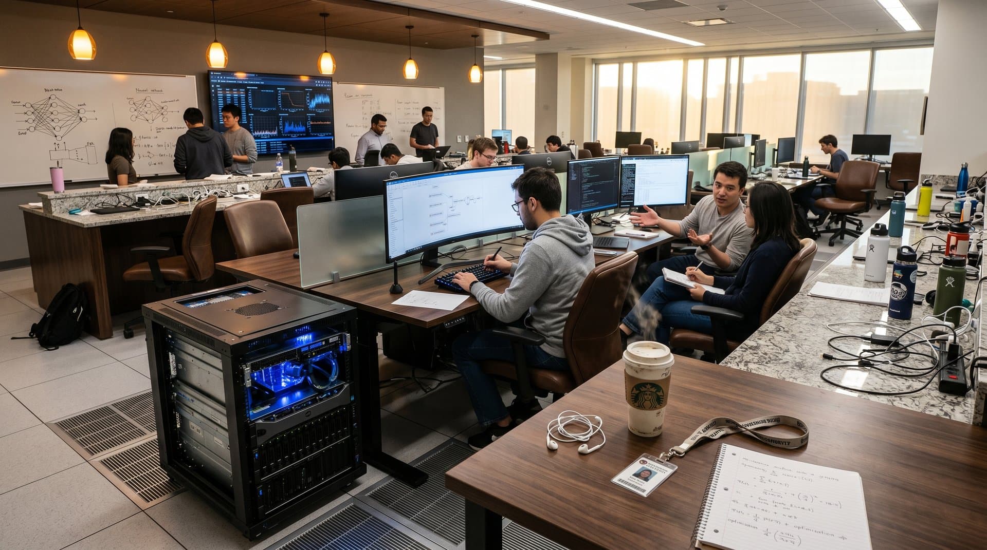 Modern data science lab with AI server racks, ultrawide monitors displaying graphs, collaborative desks, and data visualizations under natural light (98 chars)