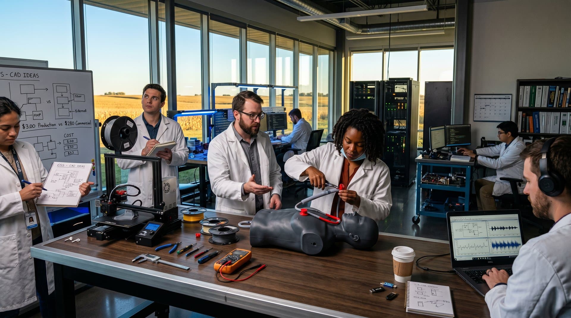 Engineer assembles 3D-printed open-source stethoscope in Midwest lab with monitors and farm views