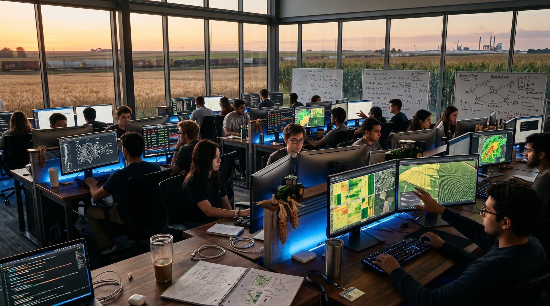 Data science students in heartland university lab analyzing AI models, crypto charts, and ag data on screens with prairie view