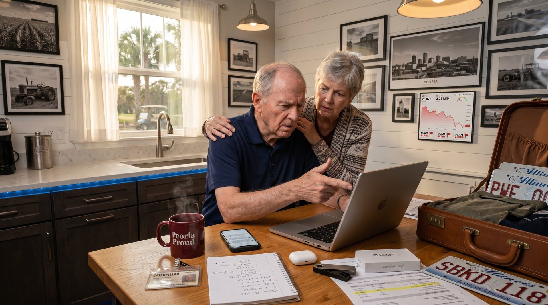 Laptop shows crypto scam dashboard with Bitcoin charts and alerts in Sun City retirement home kitchen