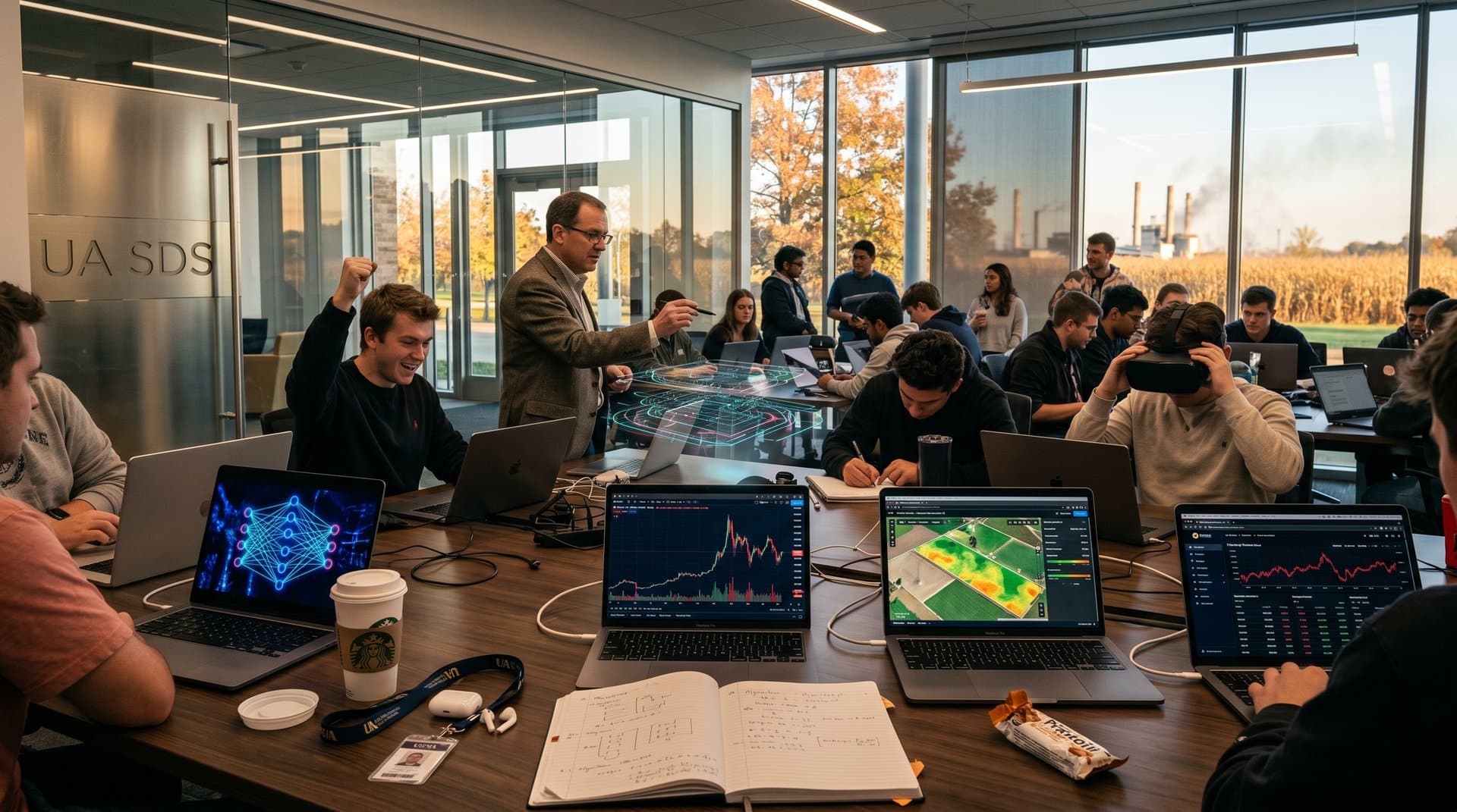 University of Akron campus with AI data science visuals, Bitcoin charts, and Midwest landscapes symbolizing tech workforce growth