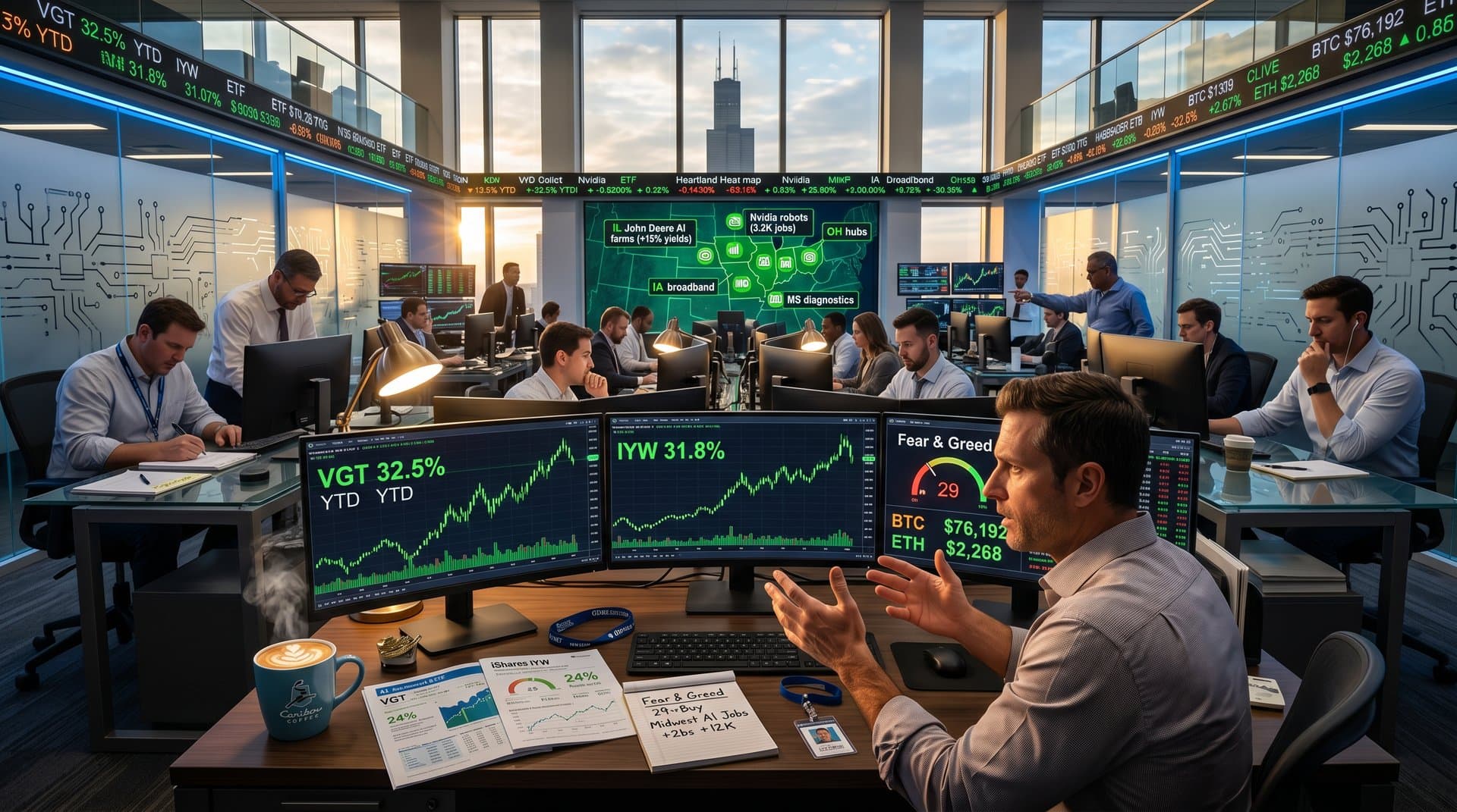 Trading floor screens show VGT vs IYW charts amid Chicago skyline and data visualizations