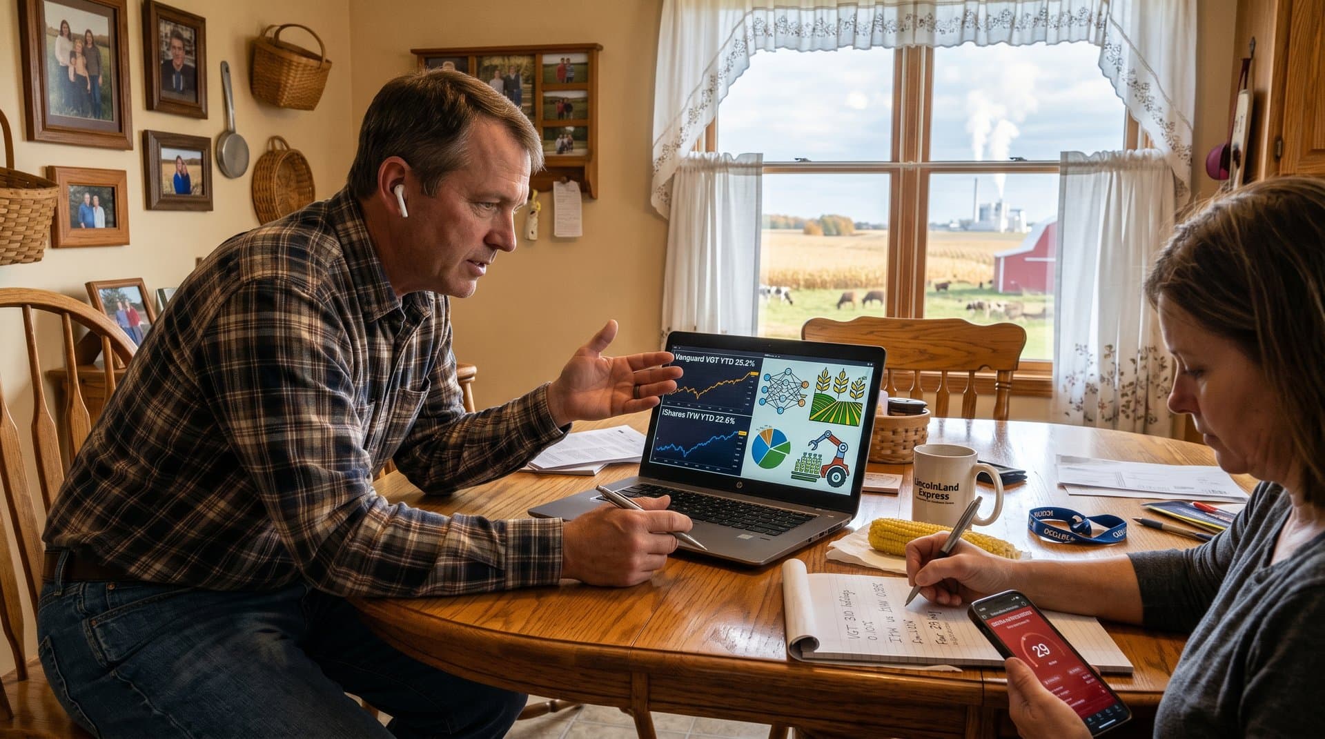 Heartland investor reviewing VGT vs IYW AI tech ETF charts at farmhouse kitchen table with farm and factory view