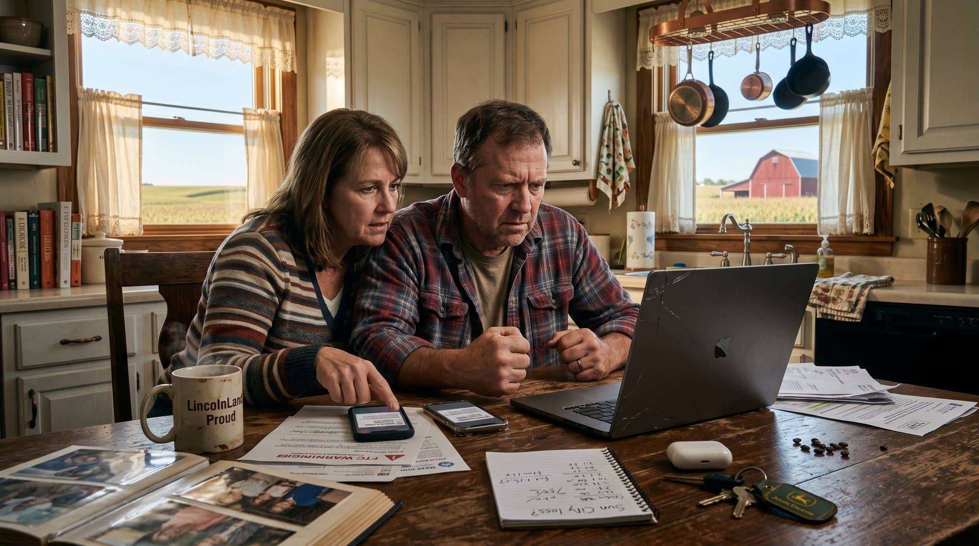 Midwest seniors review crypto scam alerts on laptop in heartland kitchen