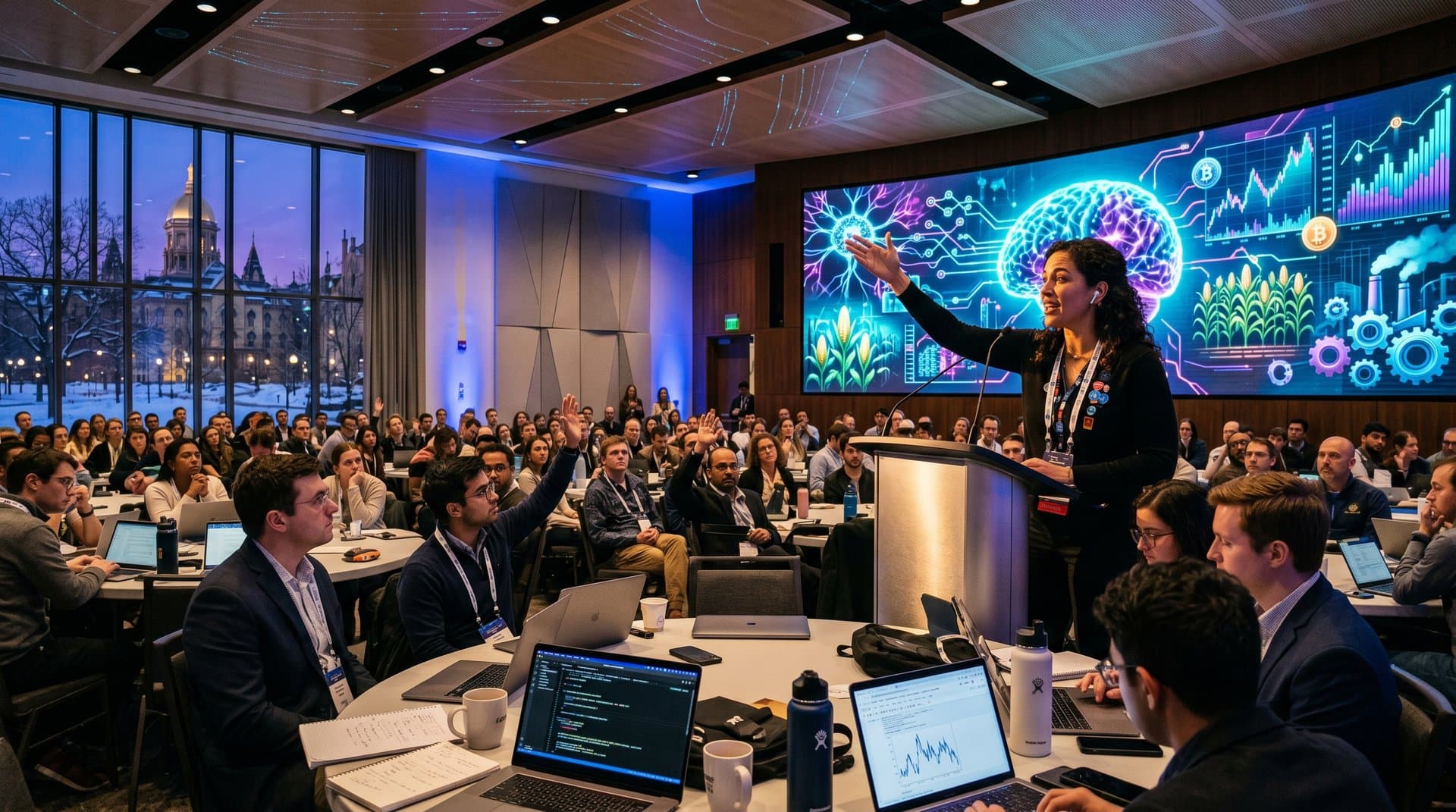 Auditorium screen displays AI networks and Midwest tech icons at IgniteND Conference in Notre Dame