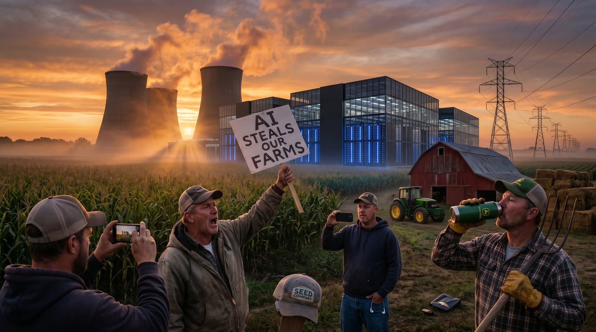 Glowing server racks and cooling towers at a Midwest AI data center against farmland backdrop