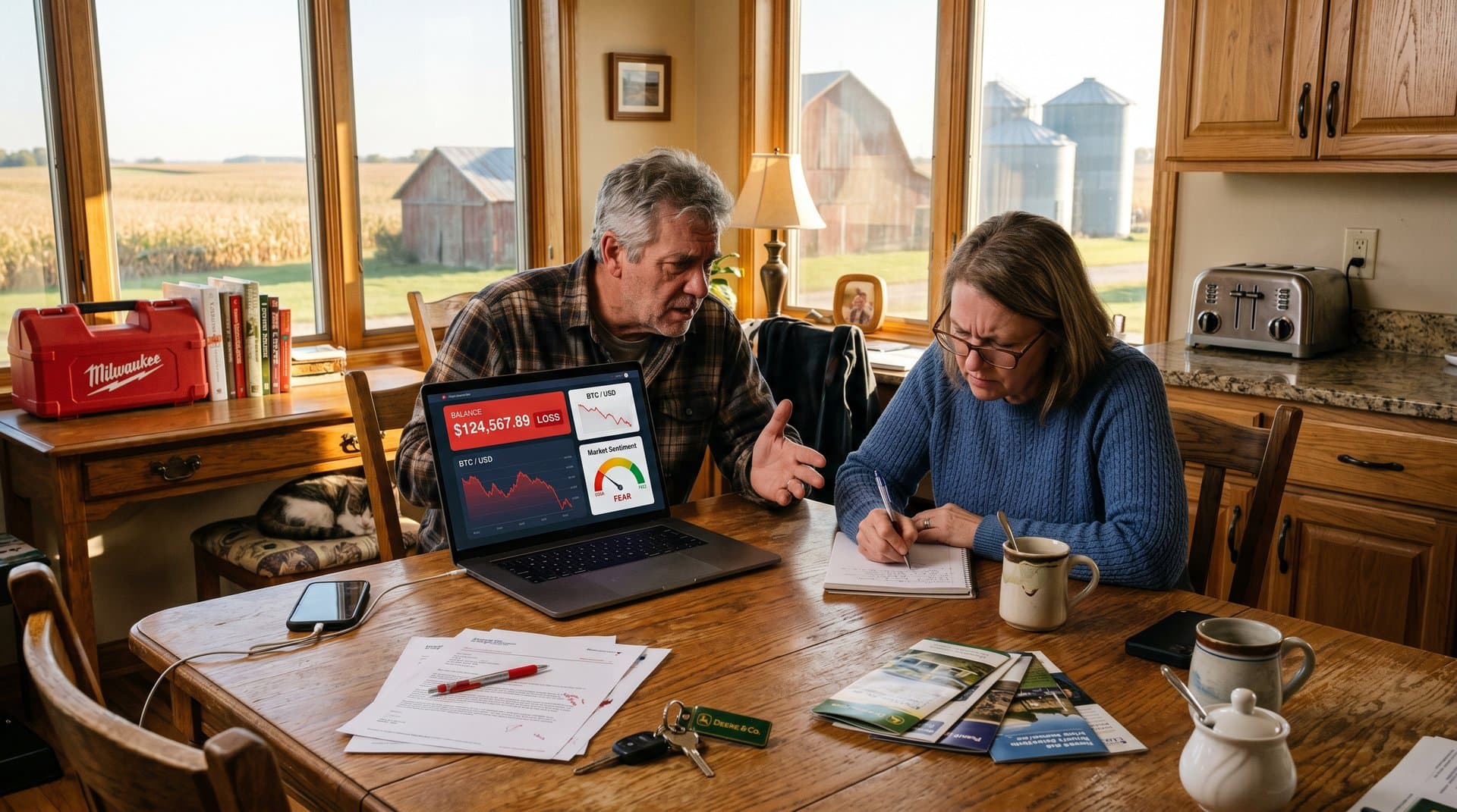 Midwest kitchen scene with laptop displaying crypto scam loss of $150K, Bitcoin at $75,614, Fear & Greed 29, fraud alerts in retiree home setting