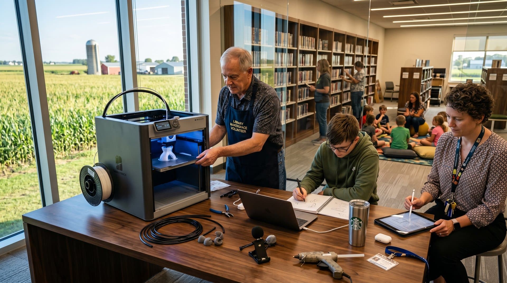 3D printer fabricates open-source stethoscope in rural Illinois library amid farm views