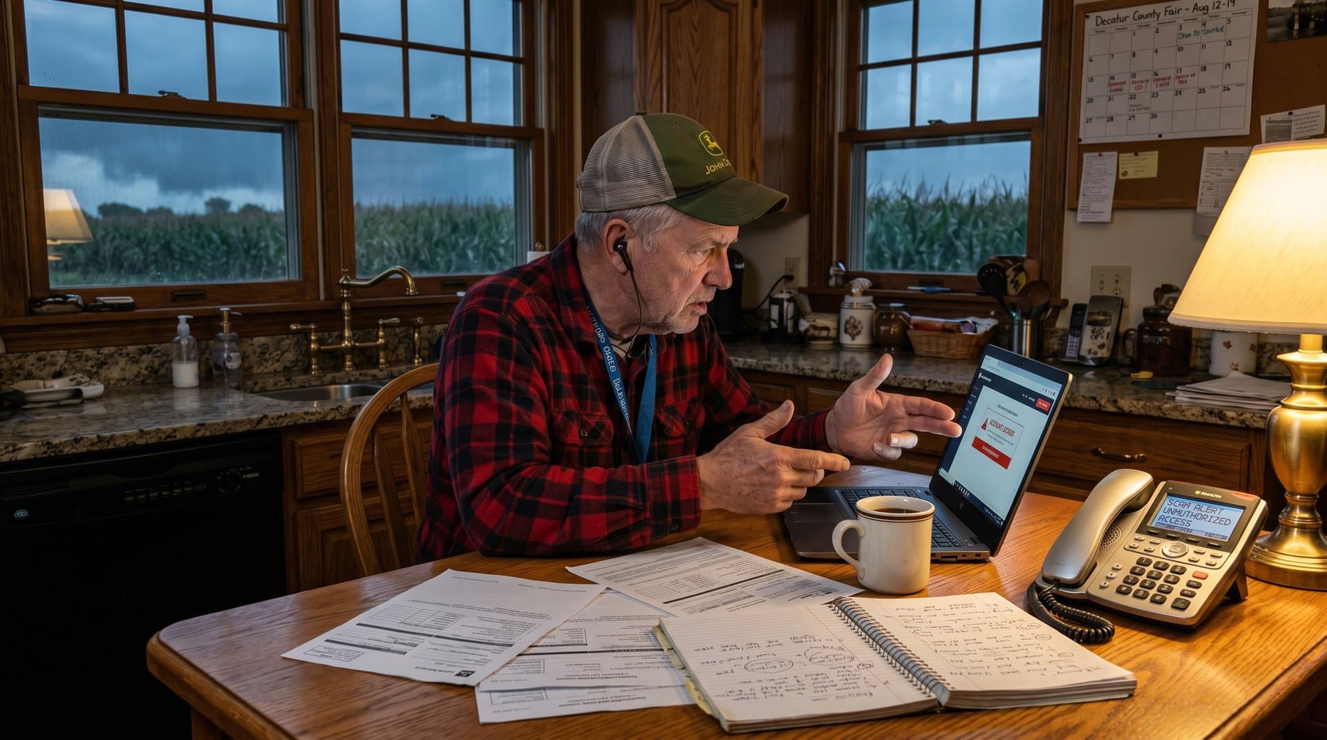 Midwest kitchen table with crypto scam alert on phone amid retirement papers and farm views