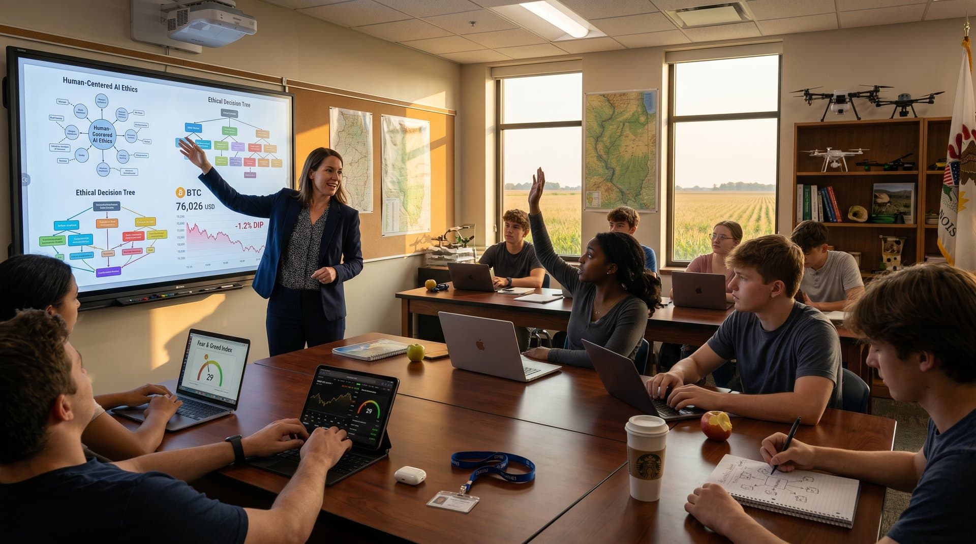 Midwest K-12 classroom with AI ethics charts and BTC price displays amid heartland views