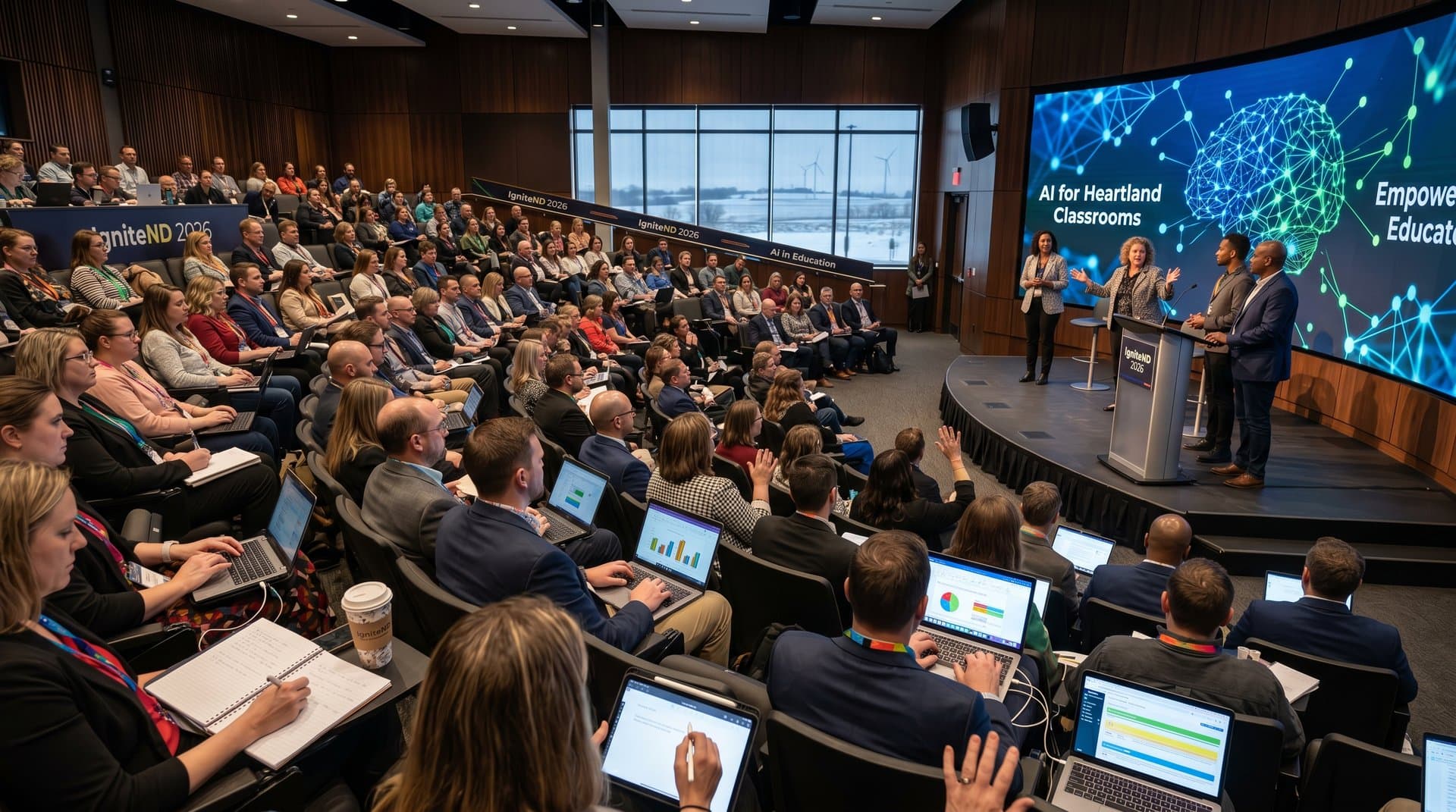 AI education keynote on screen in Jamestown conference hall with engaged Midwest audience and panel