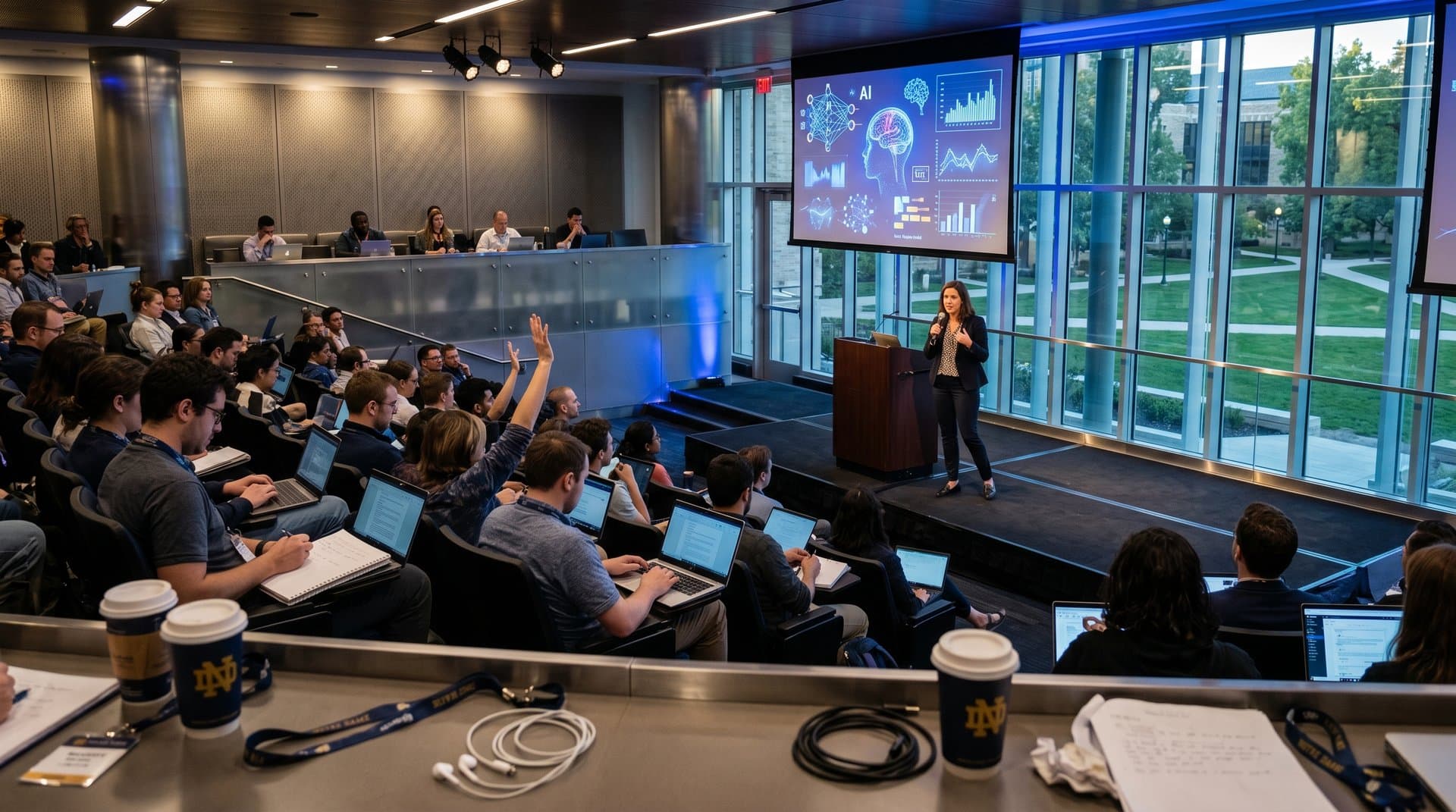 AI education panel on large screen in packed modern university auditorium with engaged attendees and tech demos