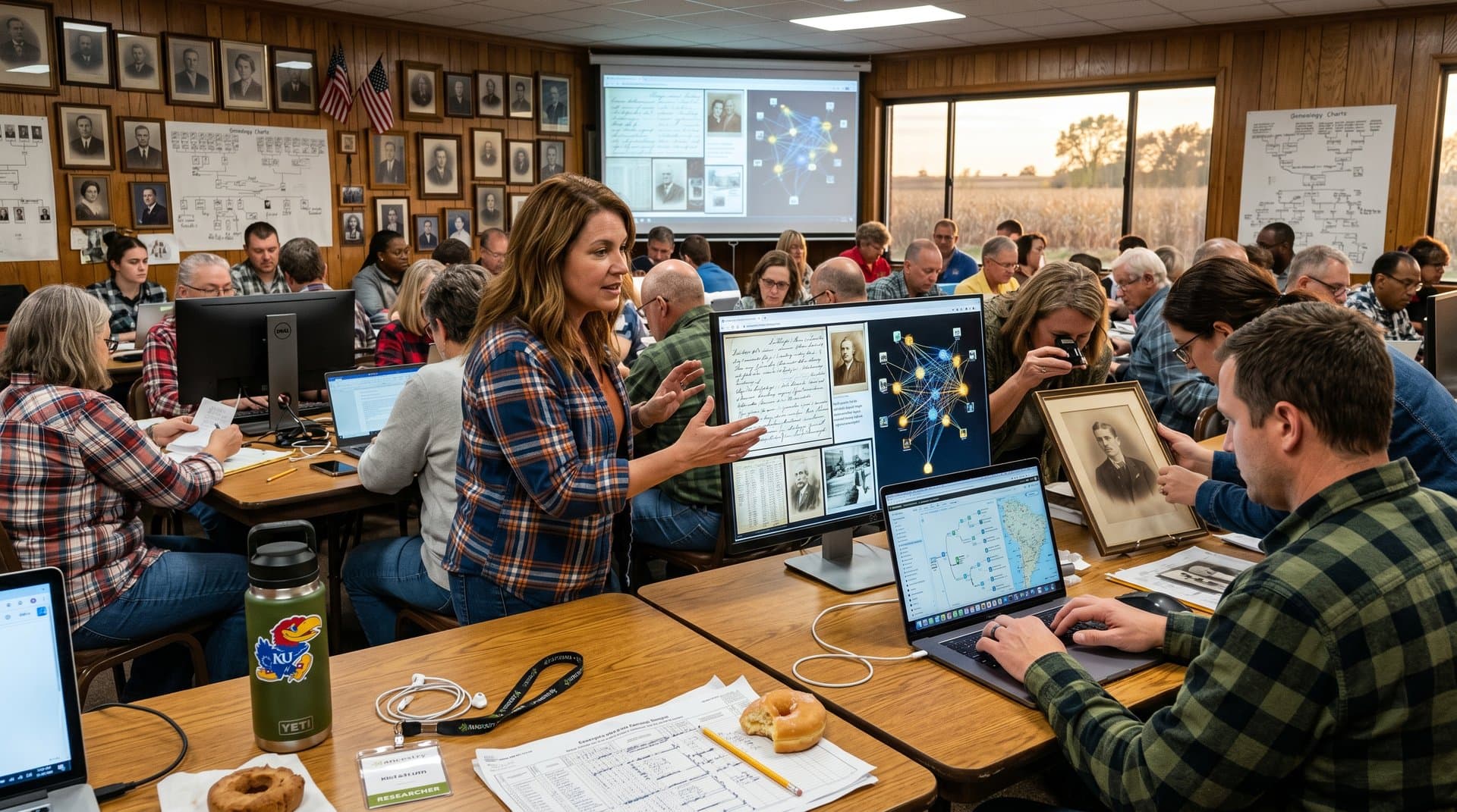Midwest locals at Blue Hills AI genealogy event with family tree screens and migration maps