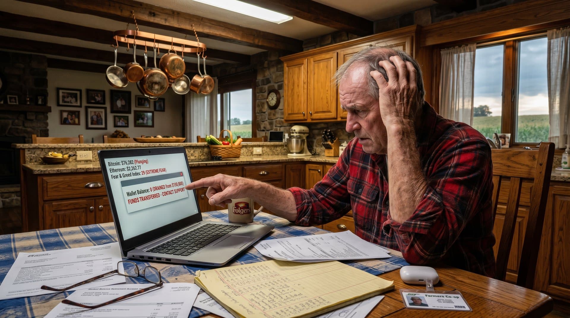 Laptop on Illinois farmhouse table shows fake crypto scam app with Bitcoin chart and warnings amid retirement papers