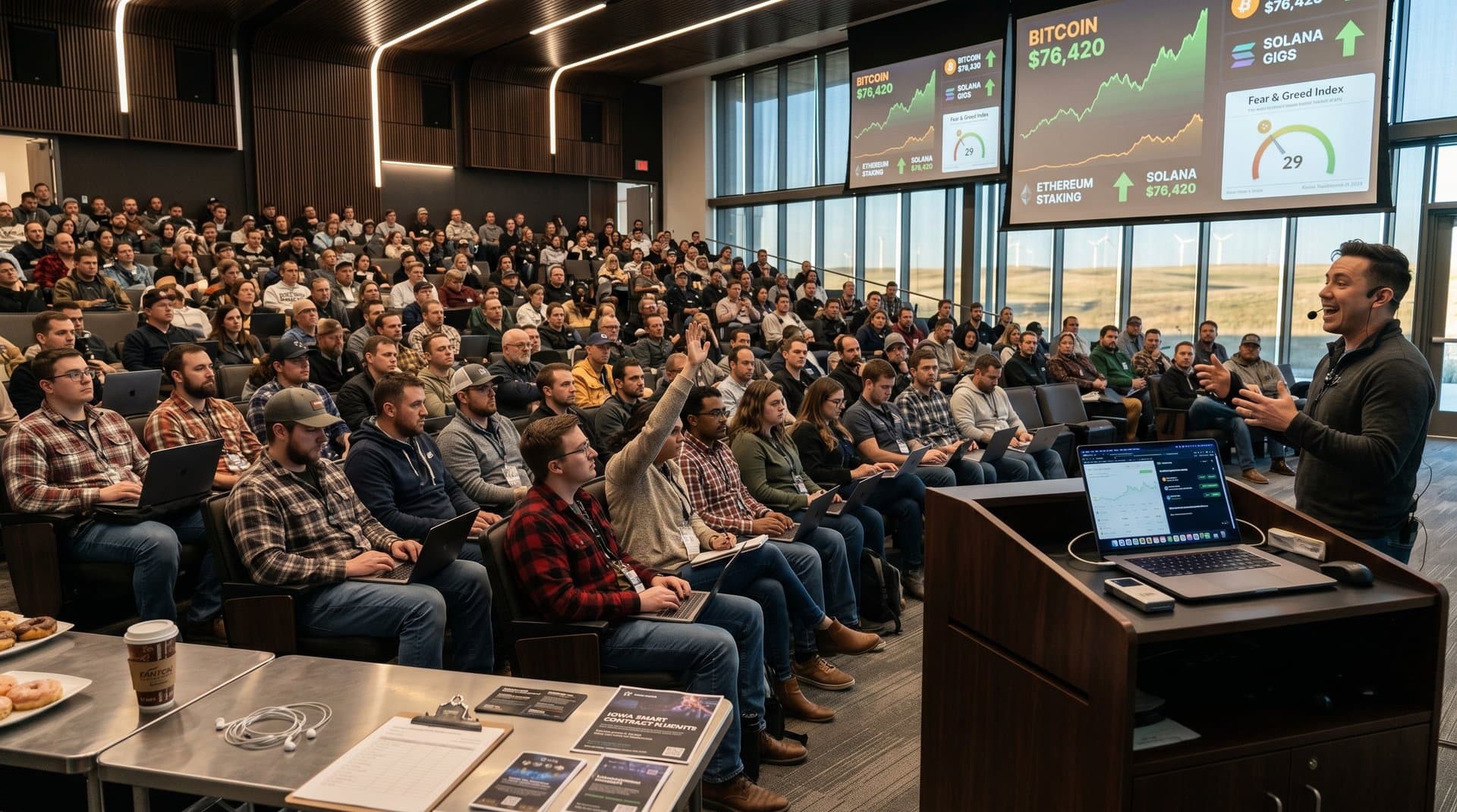 Crypto charts on screens in Eastern Wyoming College auditorium as Midwest attendees engage with market data under LED lights
