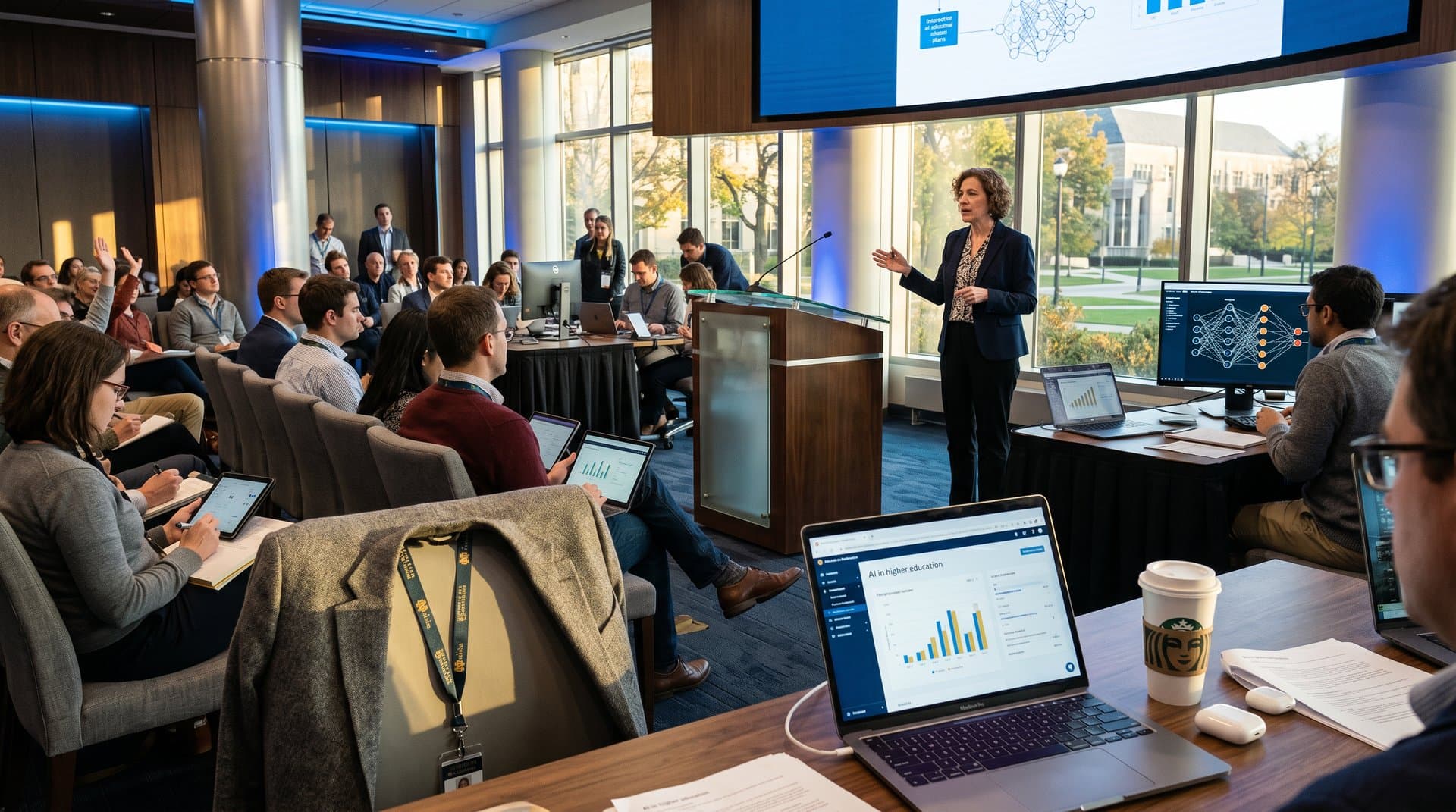 AI education conference at Notre Dame: panel on large screen, audience in modern hall with glass walls and tech demos (98 chars)