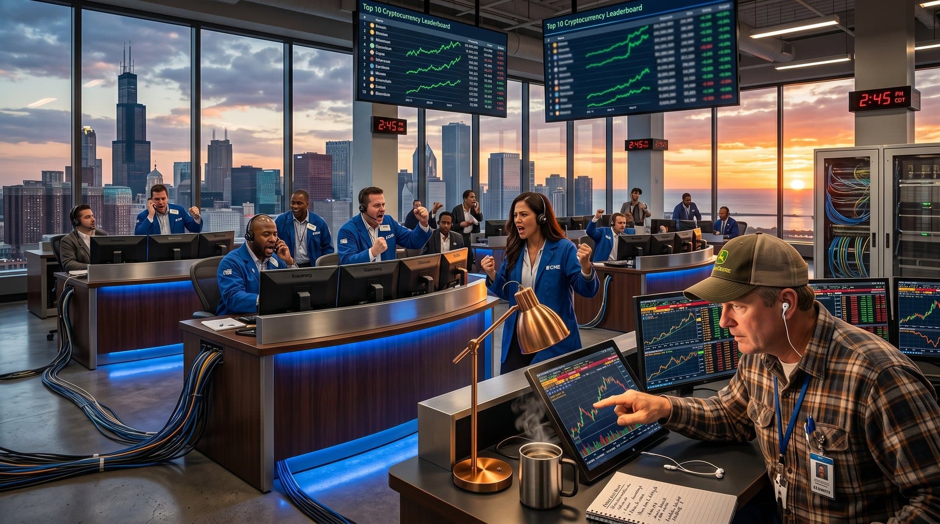 Traders at CME Group desks monitor Bitcoin at $76K and ETH charts on multi-screen setups amid active Chicago trading floor with Bloomberg terminals