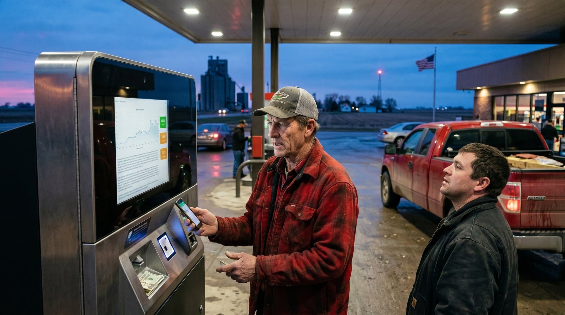 Rural Midwest gas station crypto kiosk glows amid Minnesota ban news, cornfields backdrop, Bitcoin price ticker at $76K