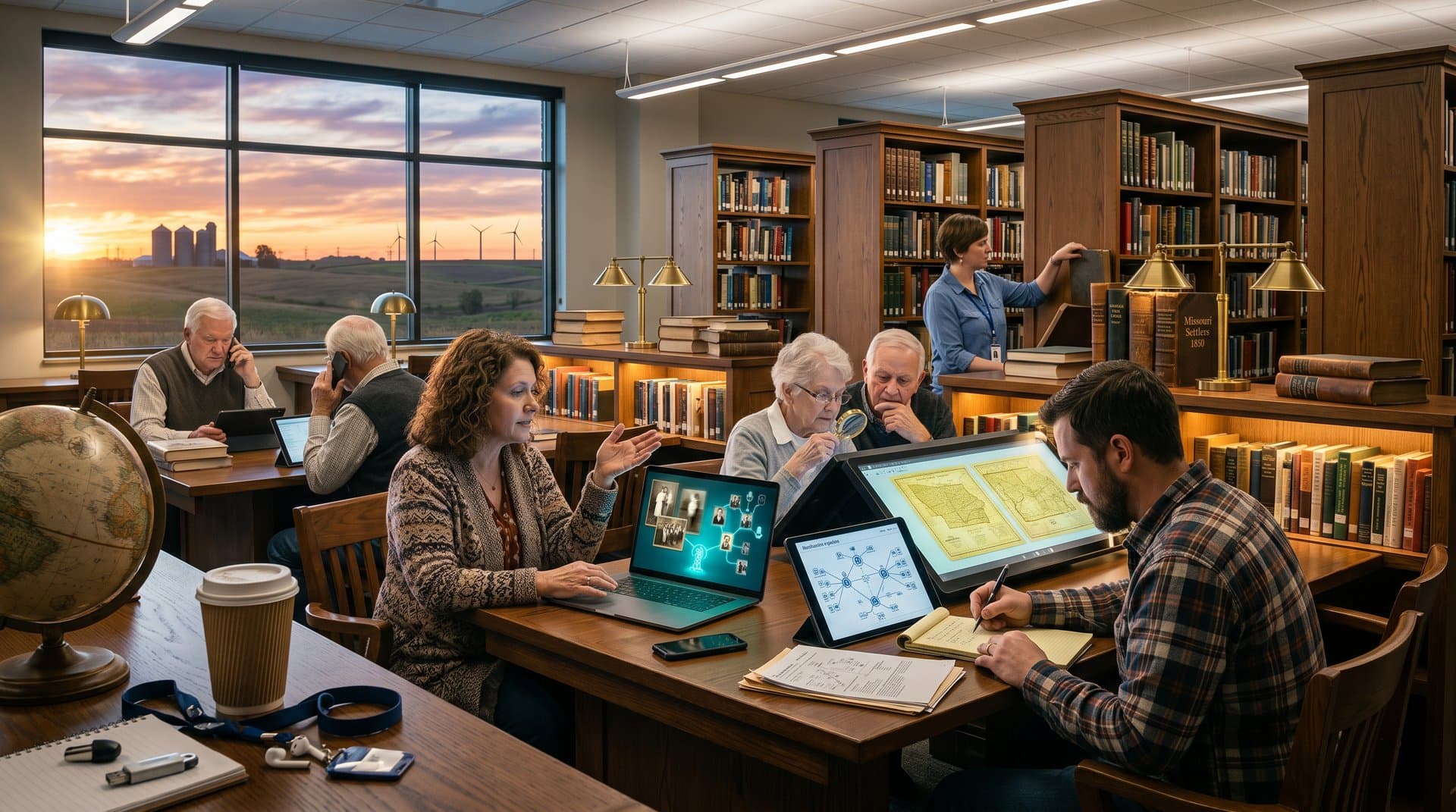 Midwest library scene with AI genealogy tools on screens showing animated portraits and family trees amid local history books