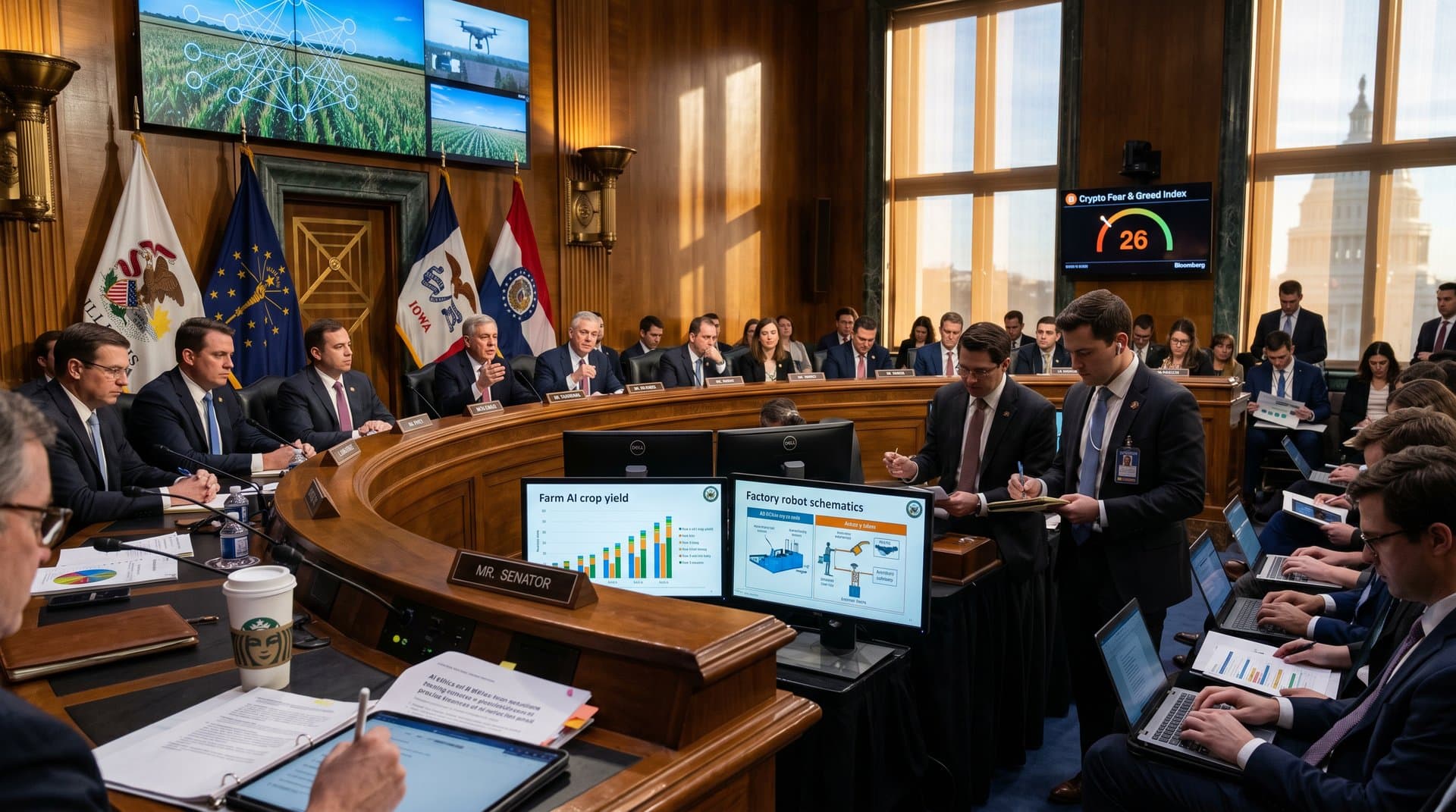 Senate hearing room with monitors showing Midwest farm AI and factory robots, state flags, Fear & Greed Index at 26, Capitol backdrop