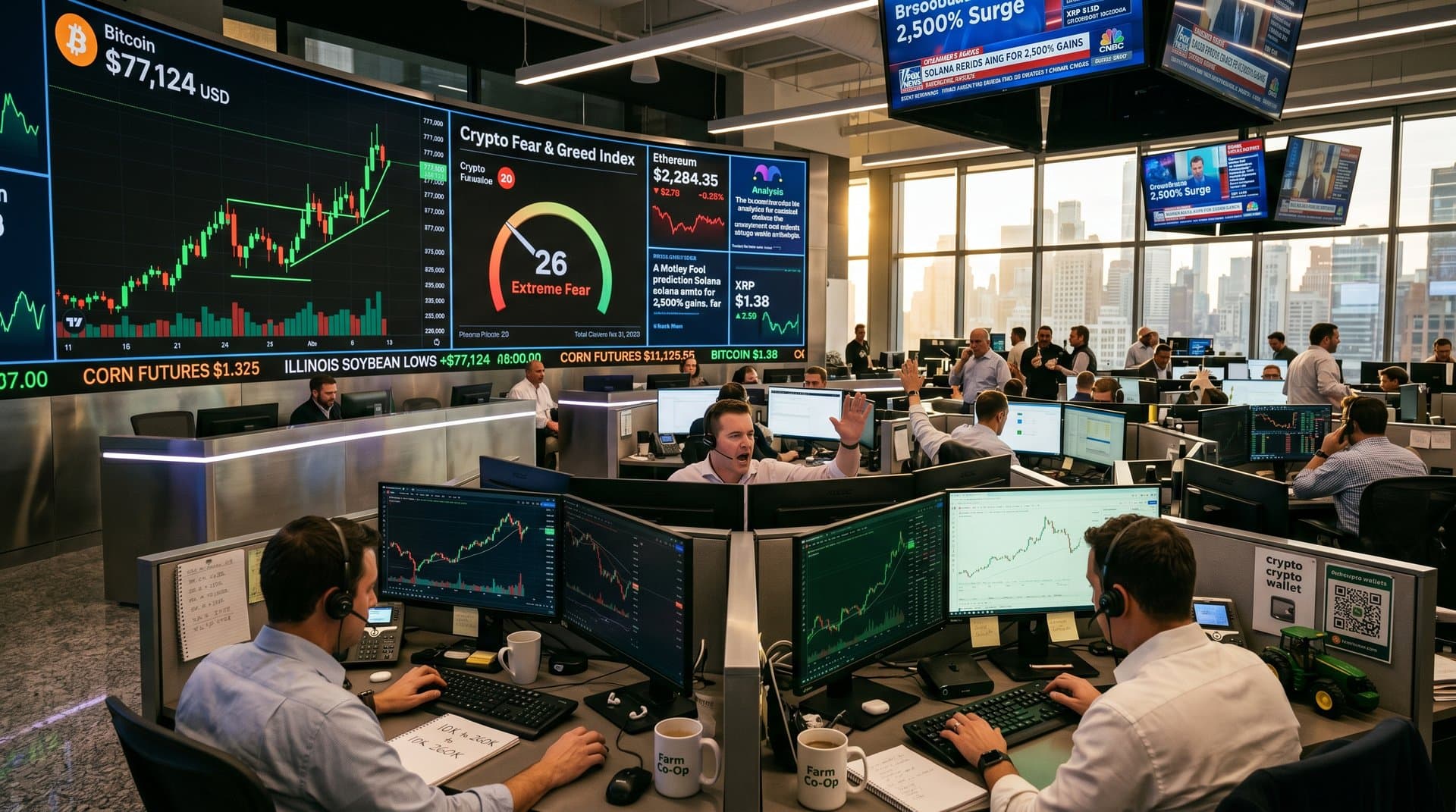 Wall Street trading floor with crypto screens showing Bitcoin $77K, Fear & Greed 26, charts, Midwest-linked desks
