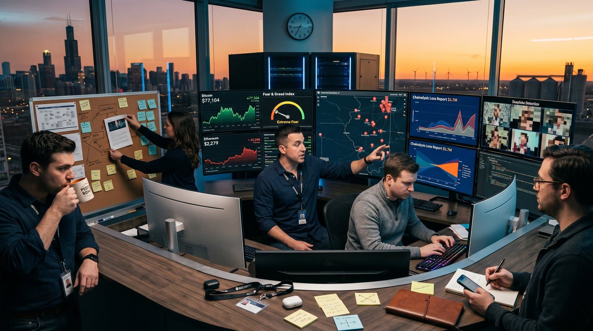 Cybersecurity team monitors crypto scams and blockchain data in Chicago operations center