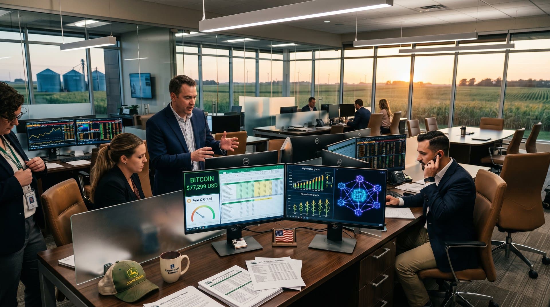 Midwest bank office screens show BTC at $77,299 and Fear & Greed 26 amid ag charts and blockchain icons, cornfields outside