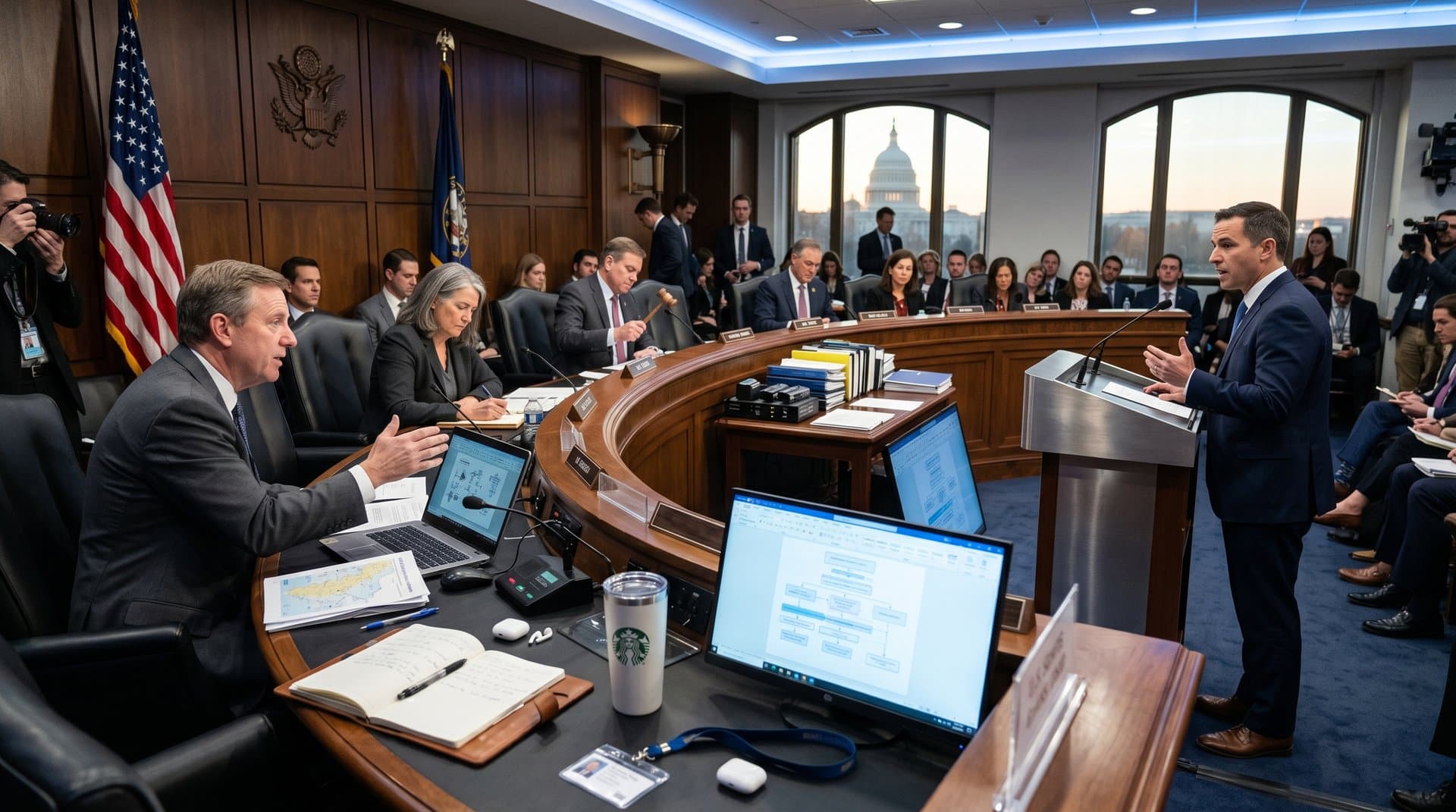 Senate hearing room with AI charts on screens, crypto data on terminal, documents on desks amid Capitol view
