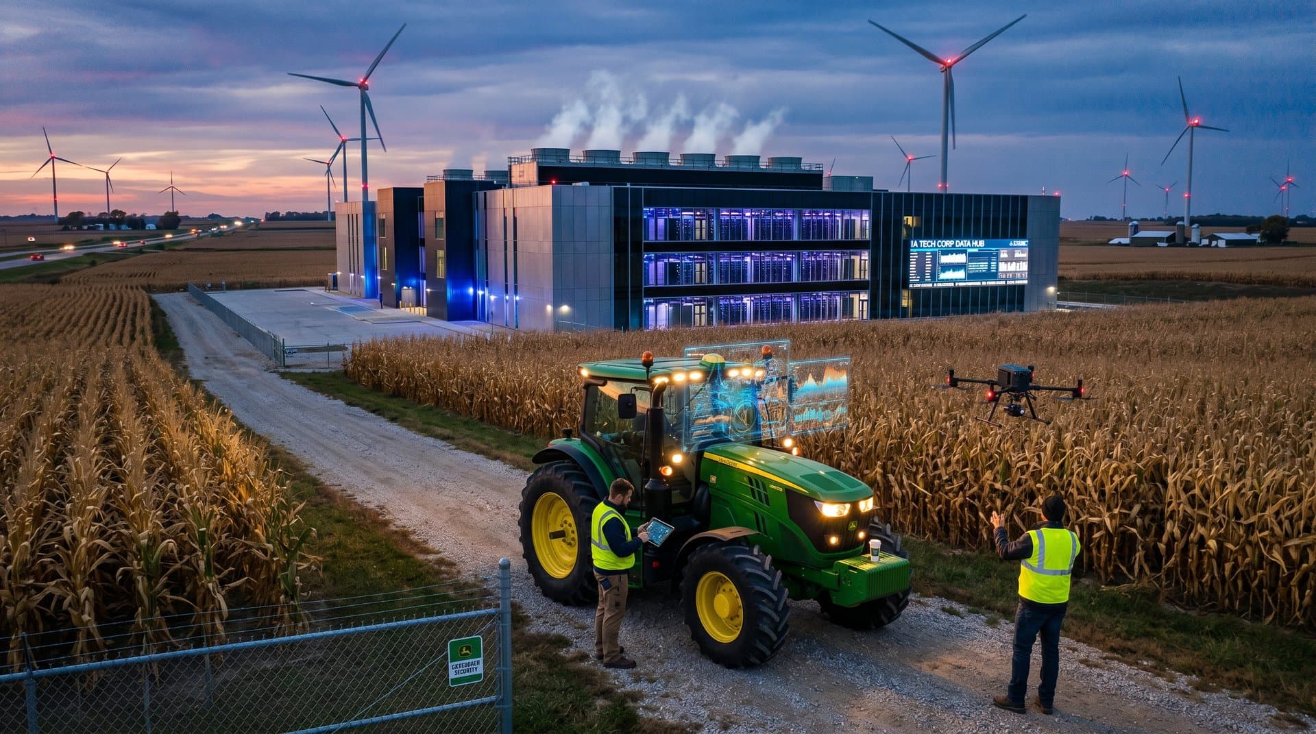 Midwest data center with server racks, wind turbines, and AI-Bitcoin overlays