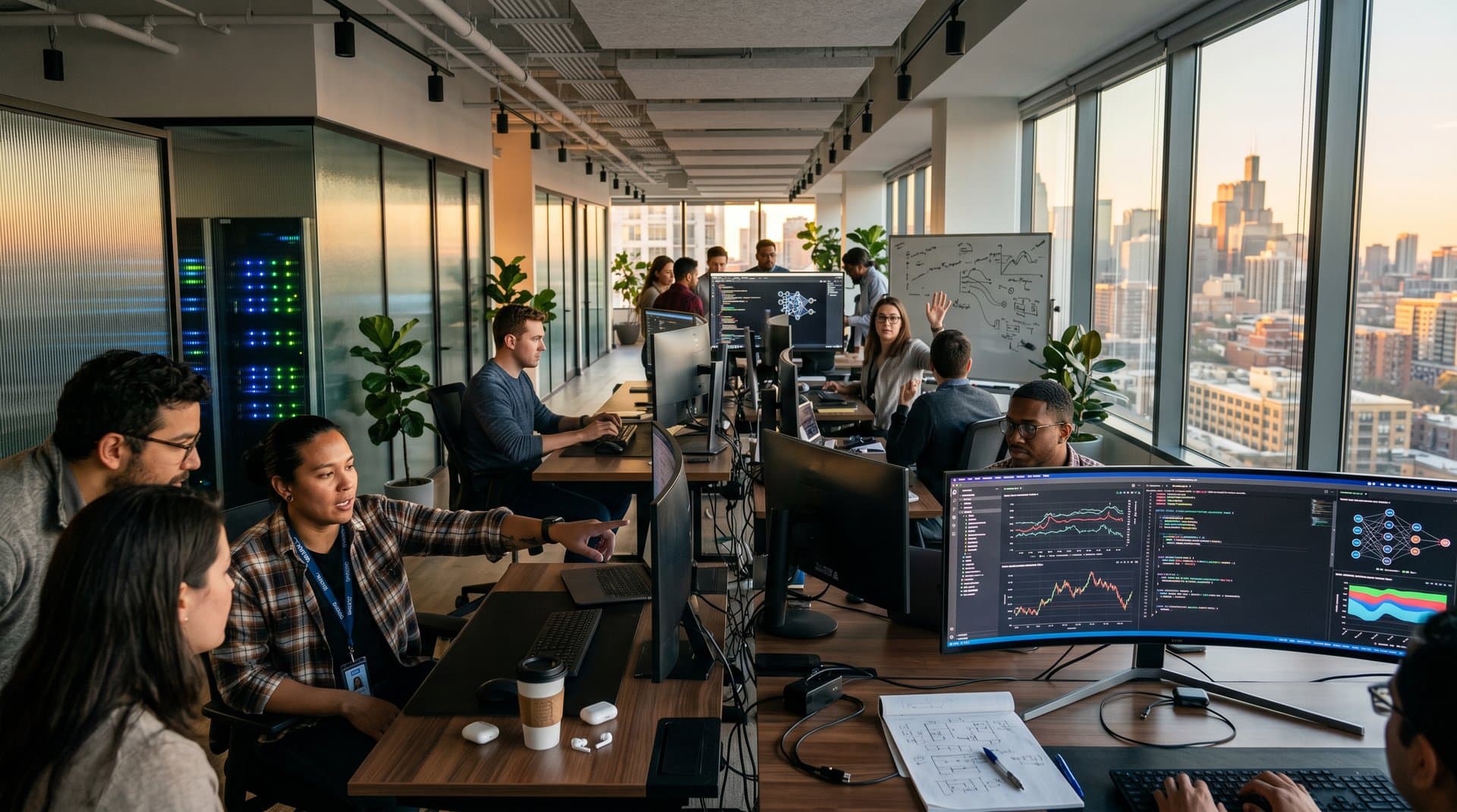 Midwest tech team analyzes Reddit AI data on screens in modern Chicago office with skyline view.