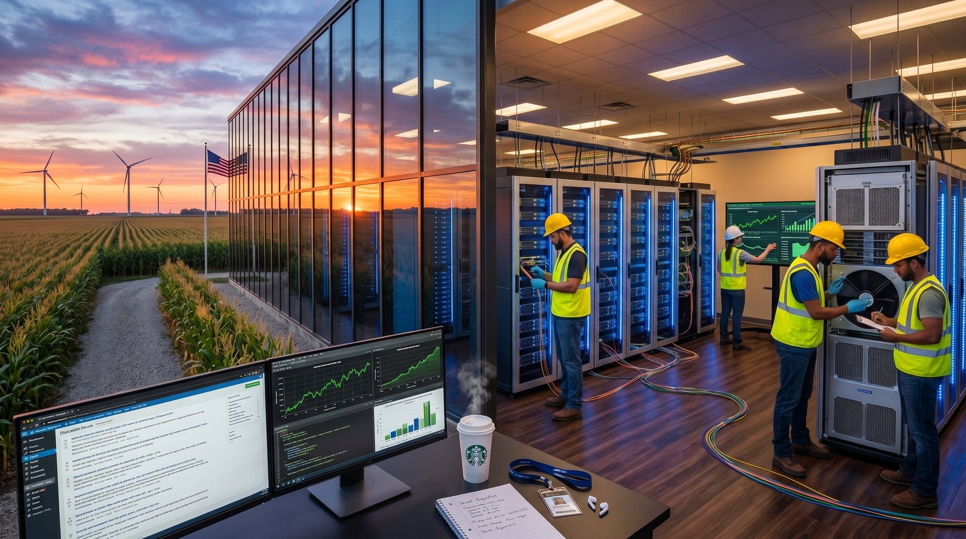 Iowa data center with Reddit AI data streams, servers glowing amid farmland sunset and wind turbines