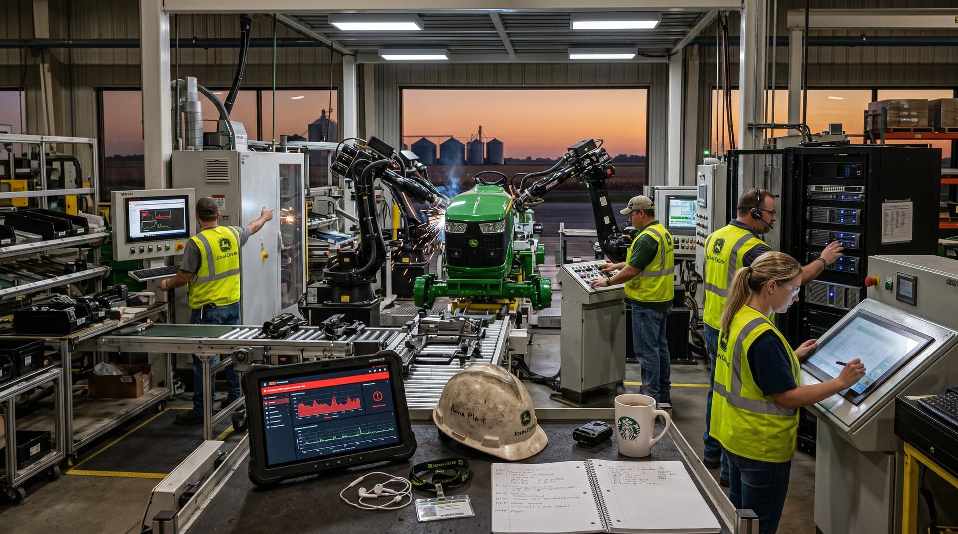 Illinois factory workers monitor AI dashboard alert for AWS Middle East outage amid manufacturing line