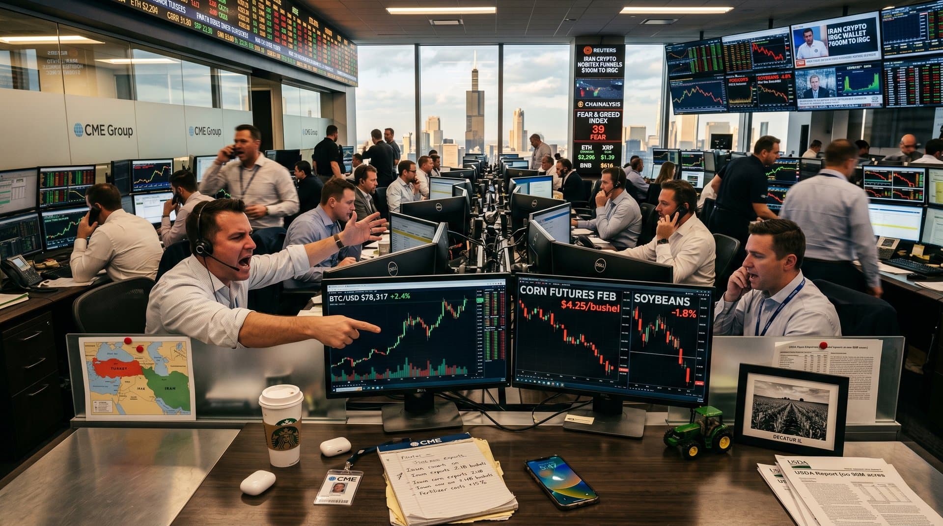 CME traders analyze BTC charts, ag futures, and Iran sanctions on multi-screens amid market tension