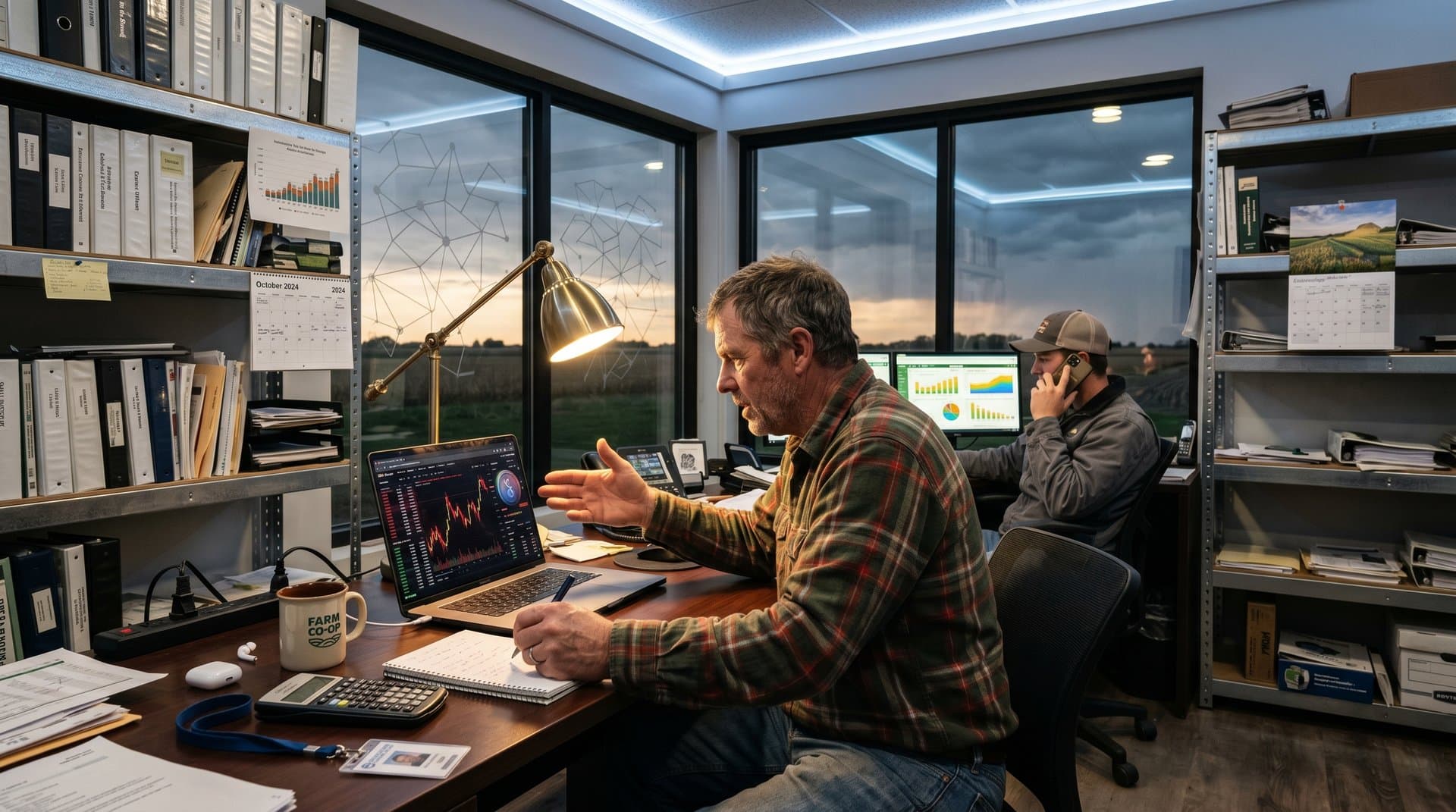 Illinois farm office with laptop showing crypto charts at $78K, Fear & Greed 40, and OPB documentary on subprime risks