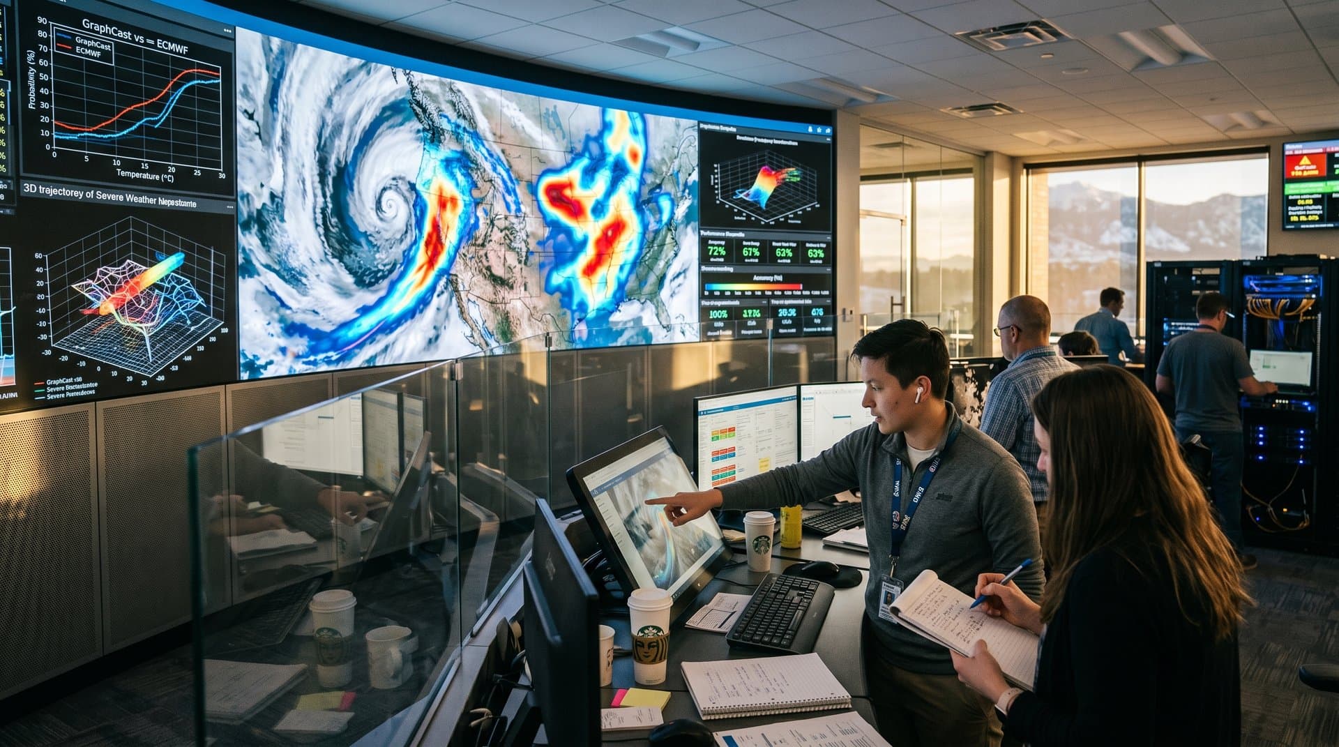 AI weather forecasts on curved monitor show storms over Rockies and Plains amid server racks and data viz in tech lab
