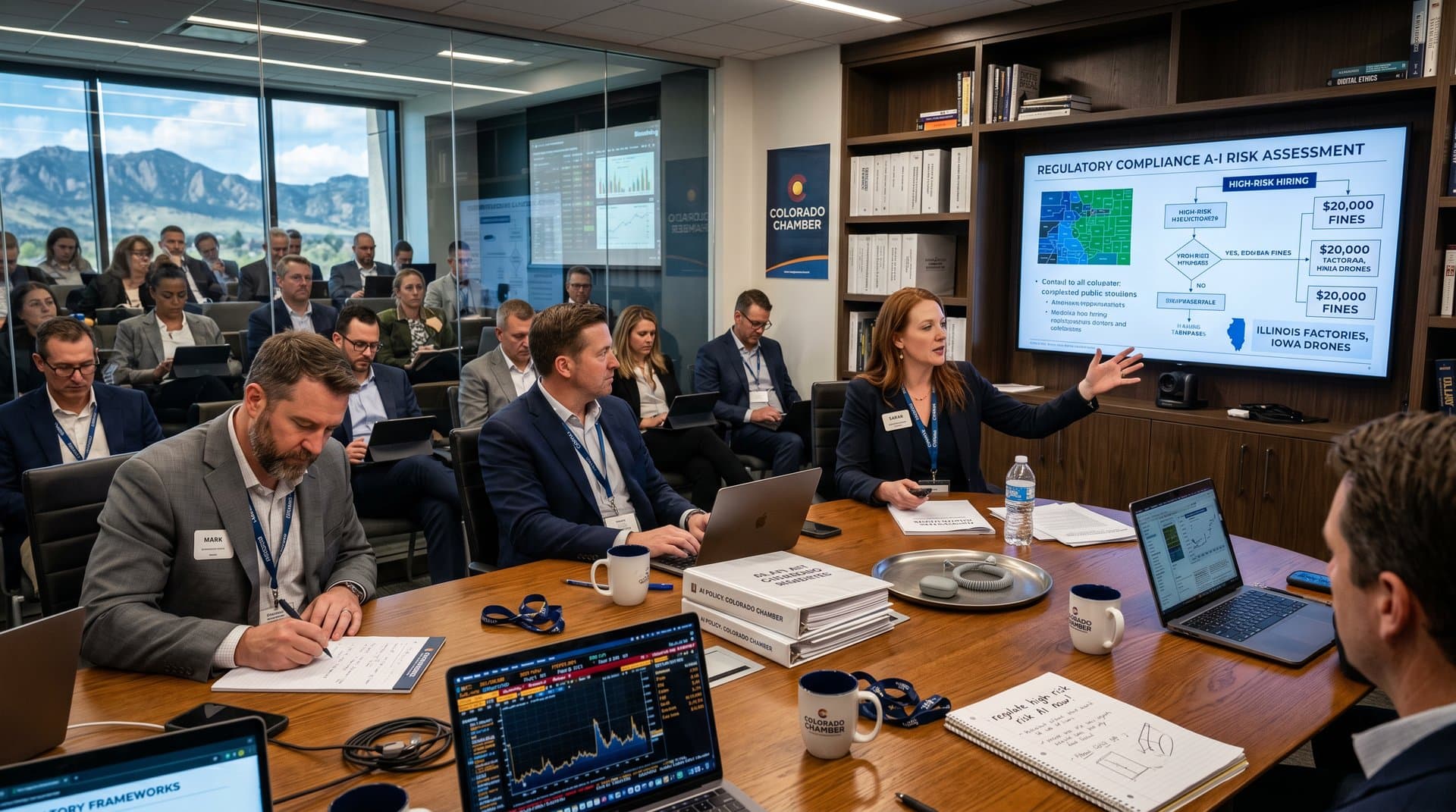Executives at conference table with Bloomberg terminal and AI charts during Colorado Chamber regulations discussion