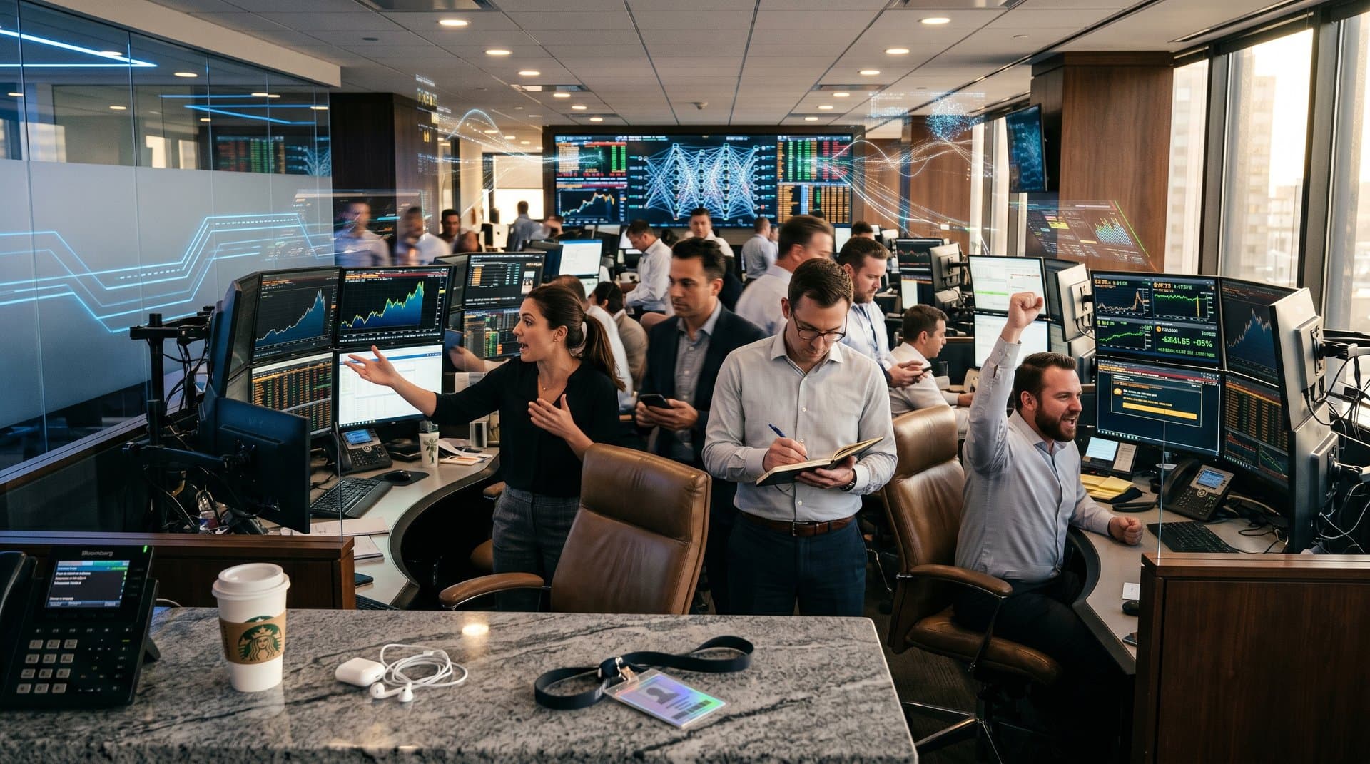 Chicago Mercantile Exchange trading floor with AI finance charts on multi-monitors and crypto data displays